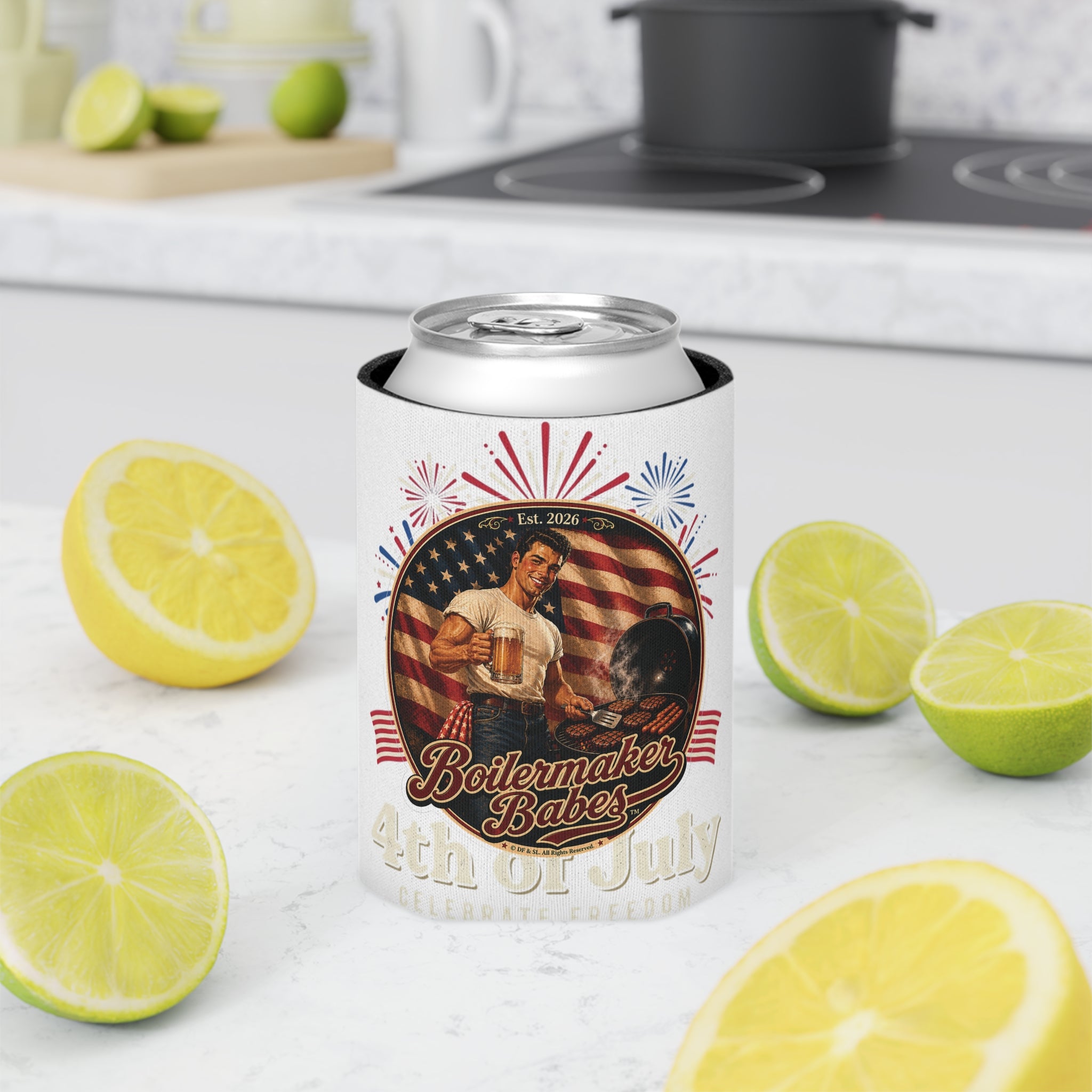 Jon 250! (M) – Can Sleeve - Boilermaker Babes ™ Vintage Style Pin-Up Art for 4th July