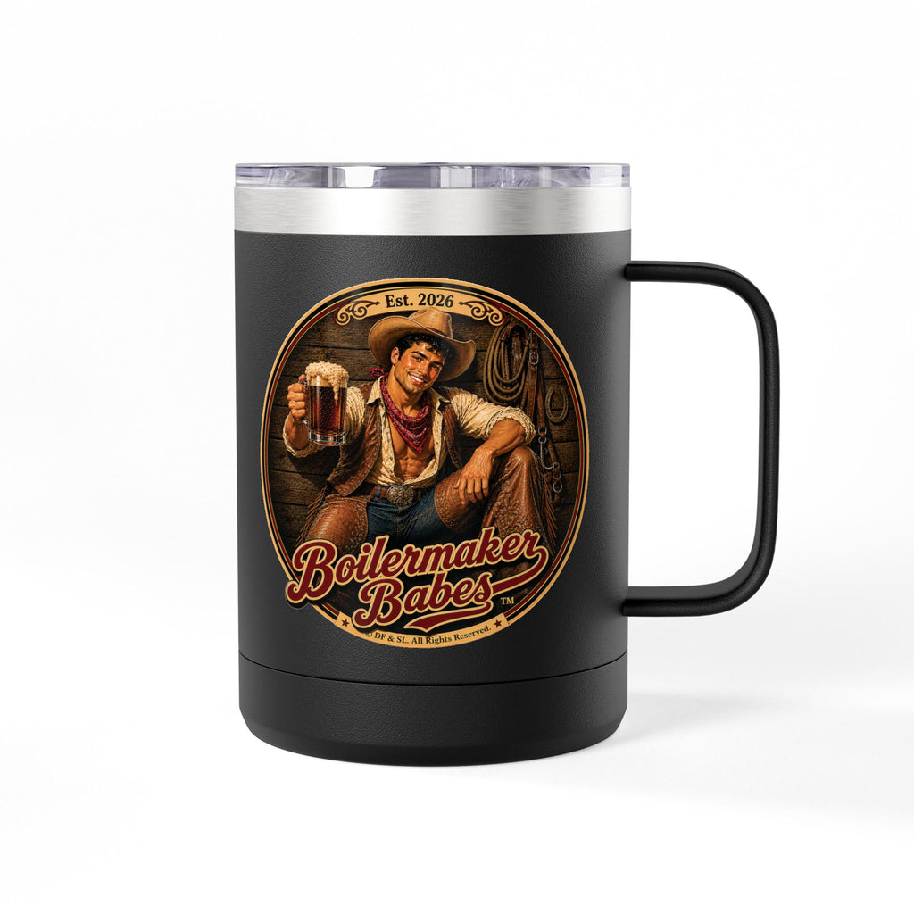 Cowboy Up! (M) – 15oz. Insulated Mug - Boilermaker Babes ™ Vintage Style Pin-Up Art