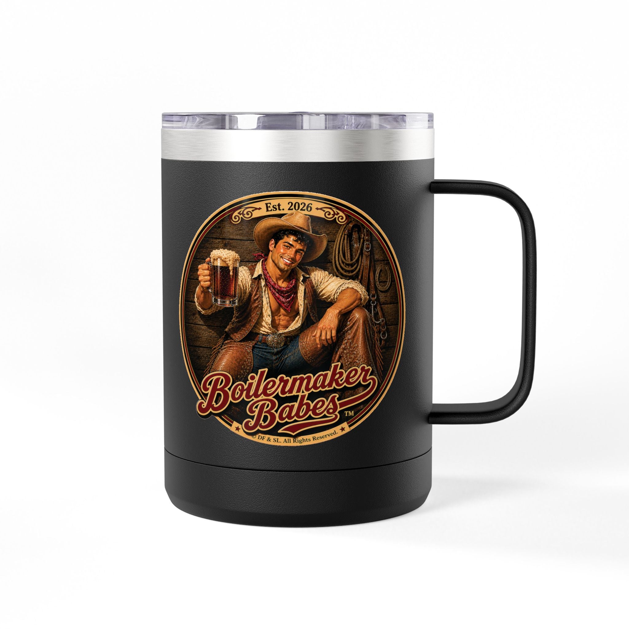 Cowboy Up! (M) – 15oz. Insulated Mug - Boilermaker Babes ™ Vintage Style Pin-Up Art