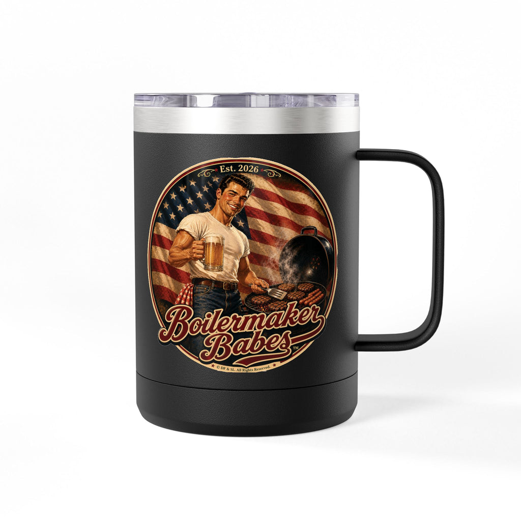 Jon 250! (M) – 15oz. Insulated Mug - Boilermaker Babes ™ Vintage Style Pin-Up Art for 4th July