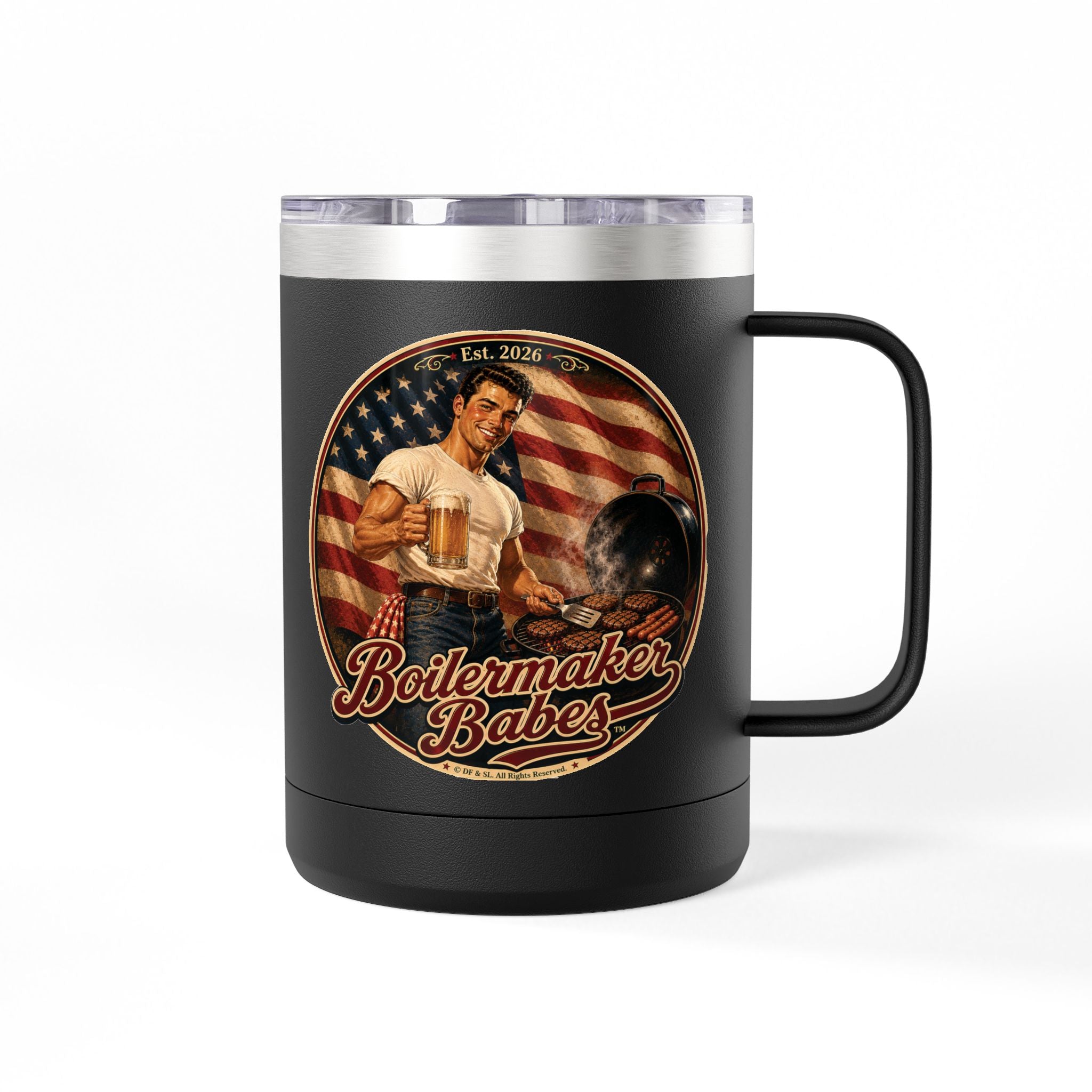 Jon 250! (M) – 15oz. Insulated Mug - Boilermaker Babes ™ Vintage Style Pin-Up Art for 4th July