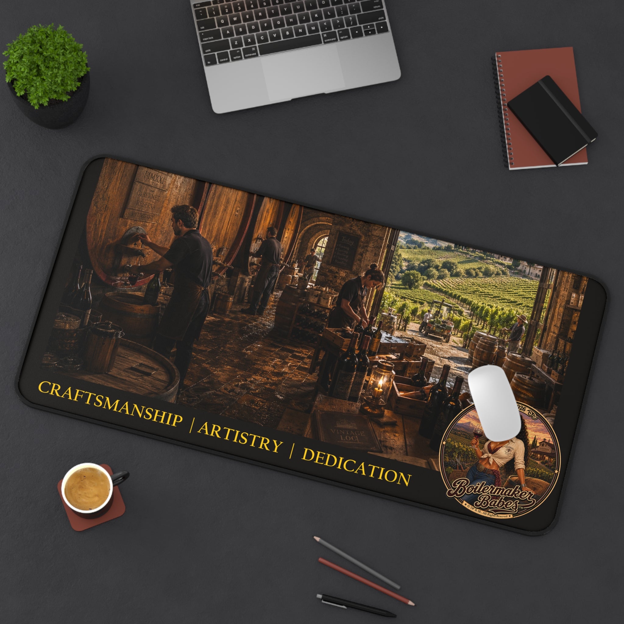 Oregon-Inspired Winery Desk Mat — "Craftsmanship | Artistry | Dedication" Vineyard Desk Mat