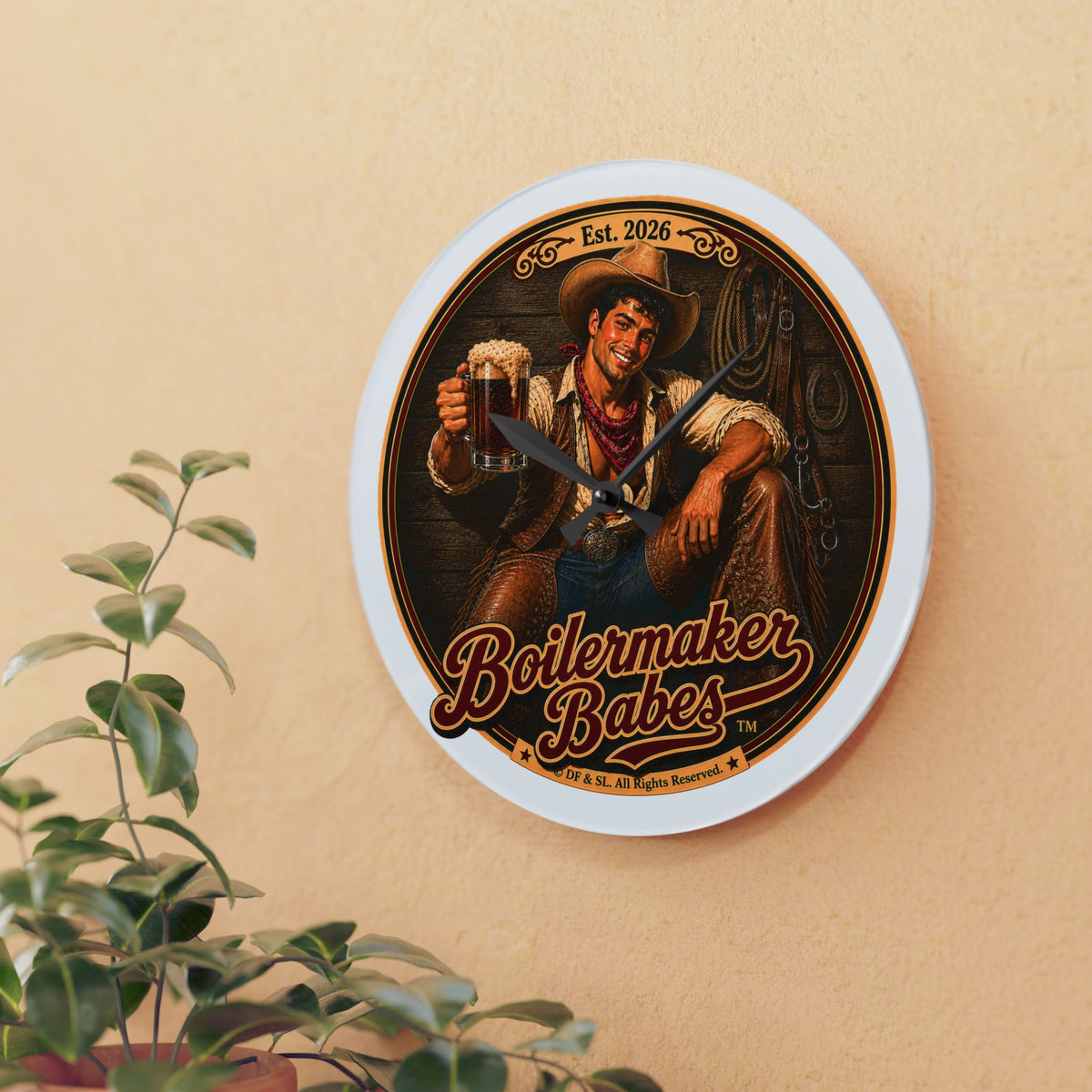 Cowboy Up! (F) Acrylic Wall Clock — Vintage Boilermaker Babes ™ Pin-Up Industrial Clock