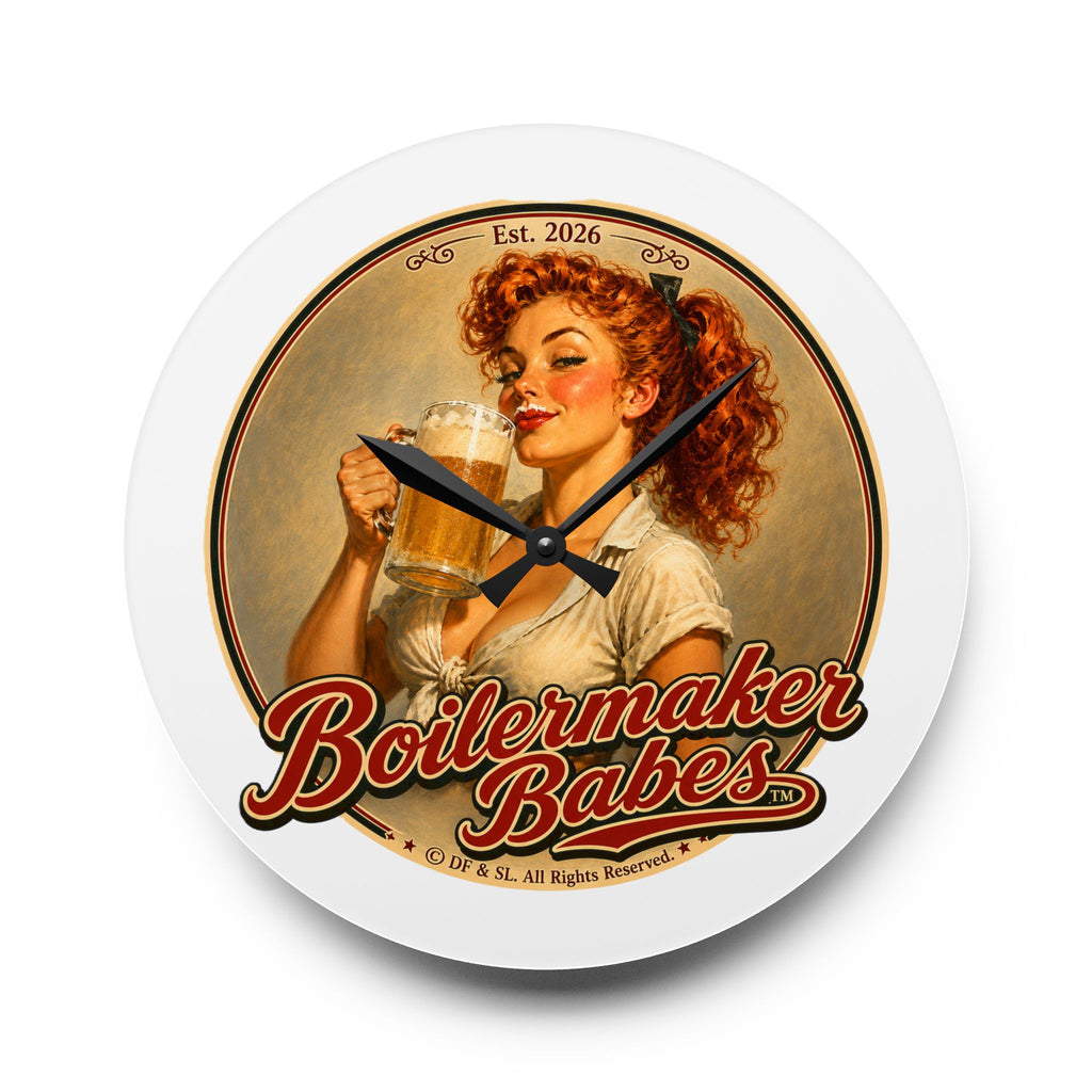 Thursti! (F) Boilermaker Babes ™ Retro Pin-Up Acrylic Wall Clock — Vintage Bar Decor