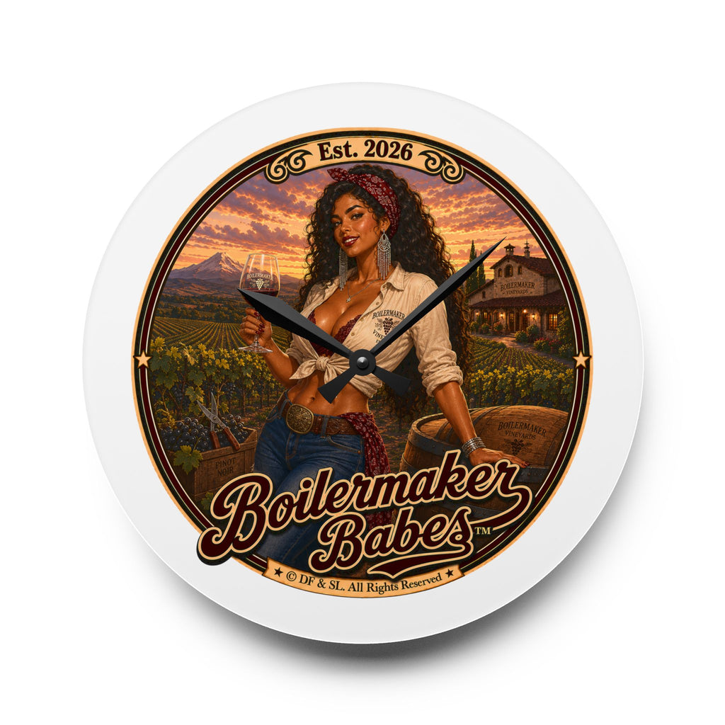 Vini! (F) Boilermaker Babes ™ Vintage Pin-Up Acrylic Wall Clock — Rustic Farmhouse Kitchen Decor