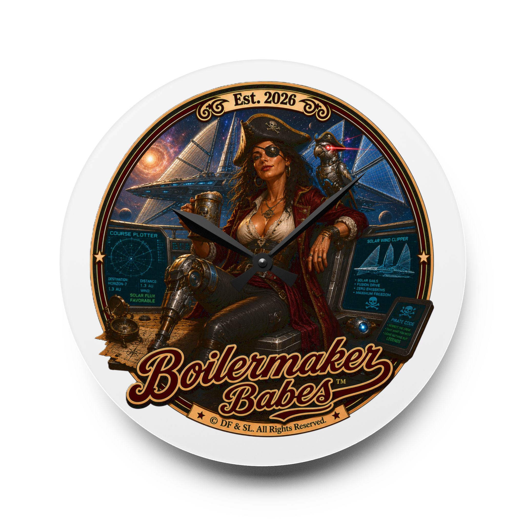 Cali! (F) Boilermaker Babes ™ Vintage Pinup Acrylic Wall Clock — Steampunk Nautical Decor