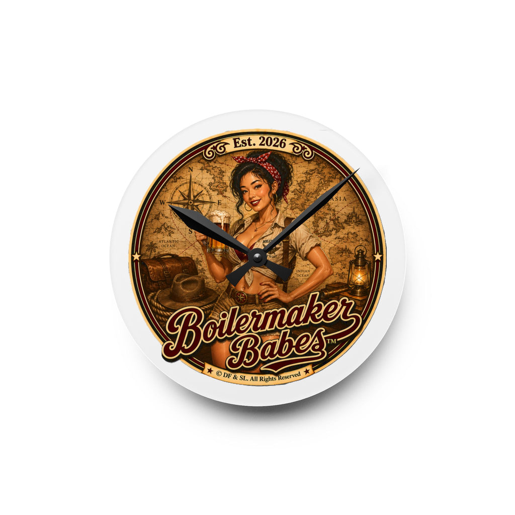 Xplore! (F) Boilermaker Babes ™ Acrylic Wall Clock — Vintage Pin-Up Nautical Decor