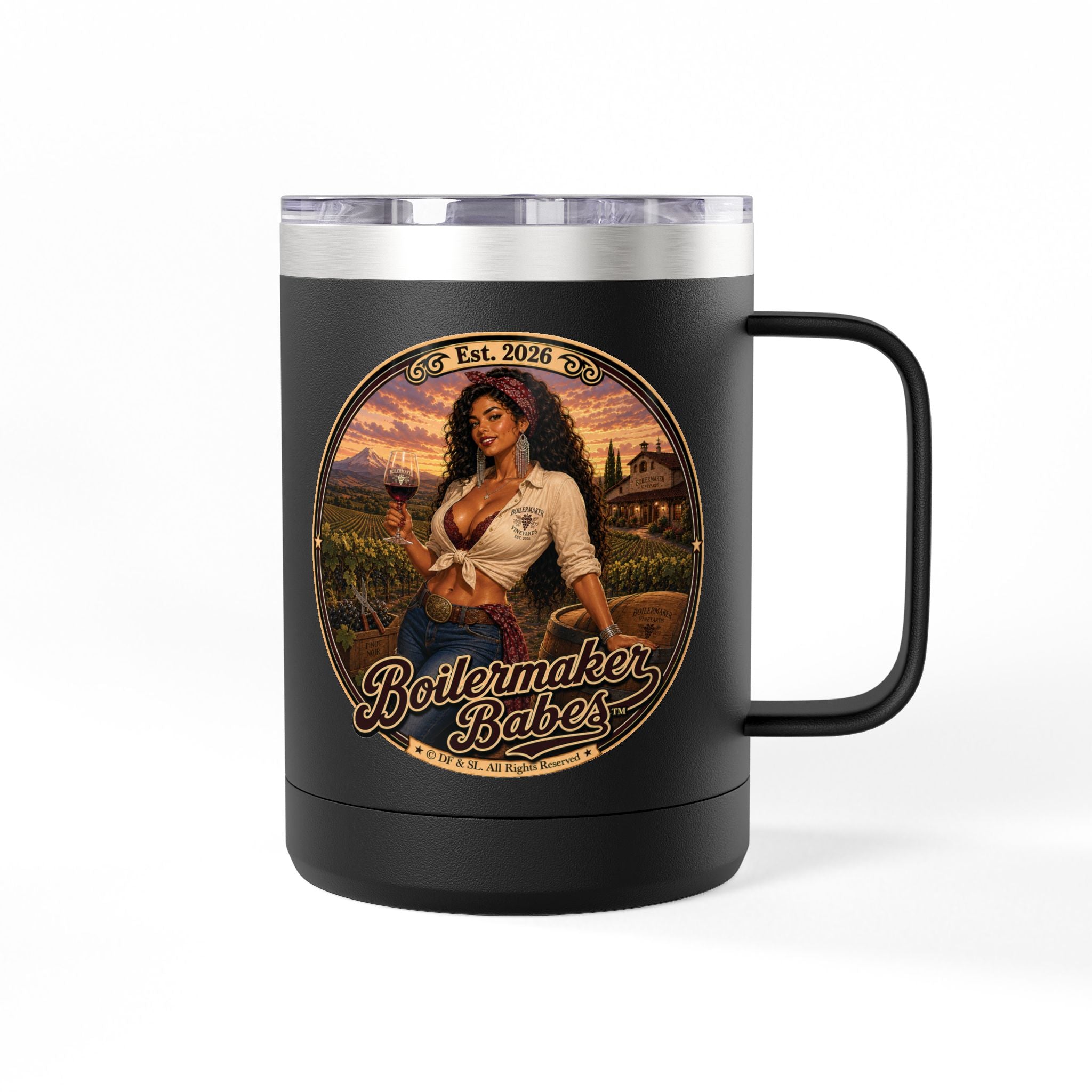 Vini! (F) – 15oz. Insulated Mug - Boilermaker Babes ™ Vintage Style Pin-Up Art