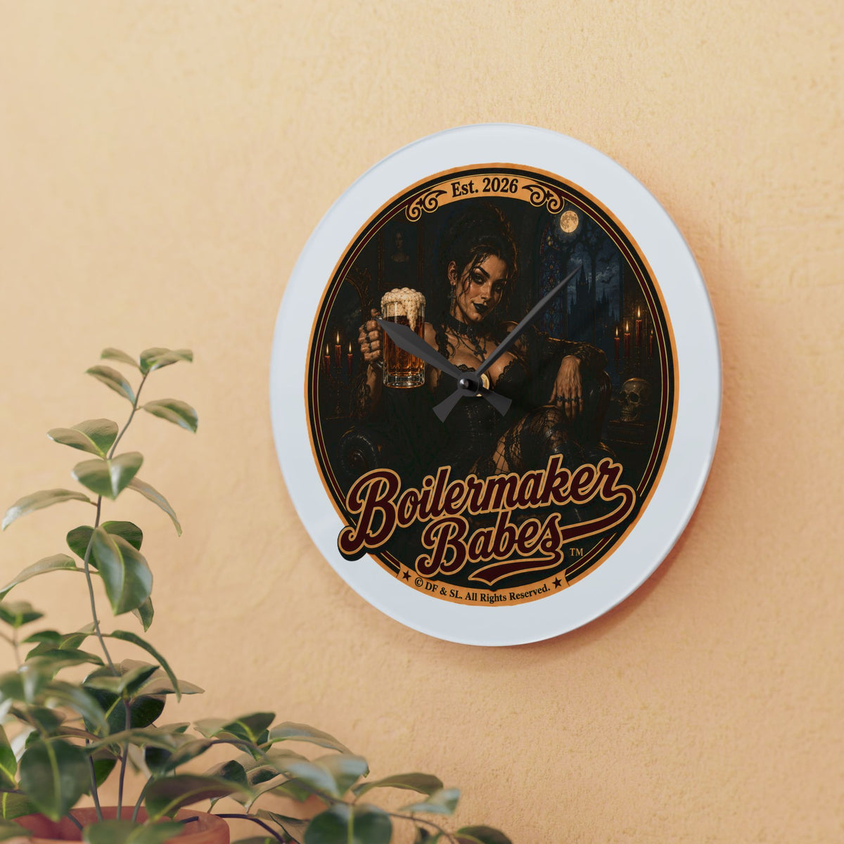 Spooki! (F) Acrylic Wall Clock — Vintage Boilermaker Babes ™ Pin-Up Industrial Clock