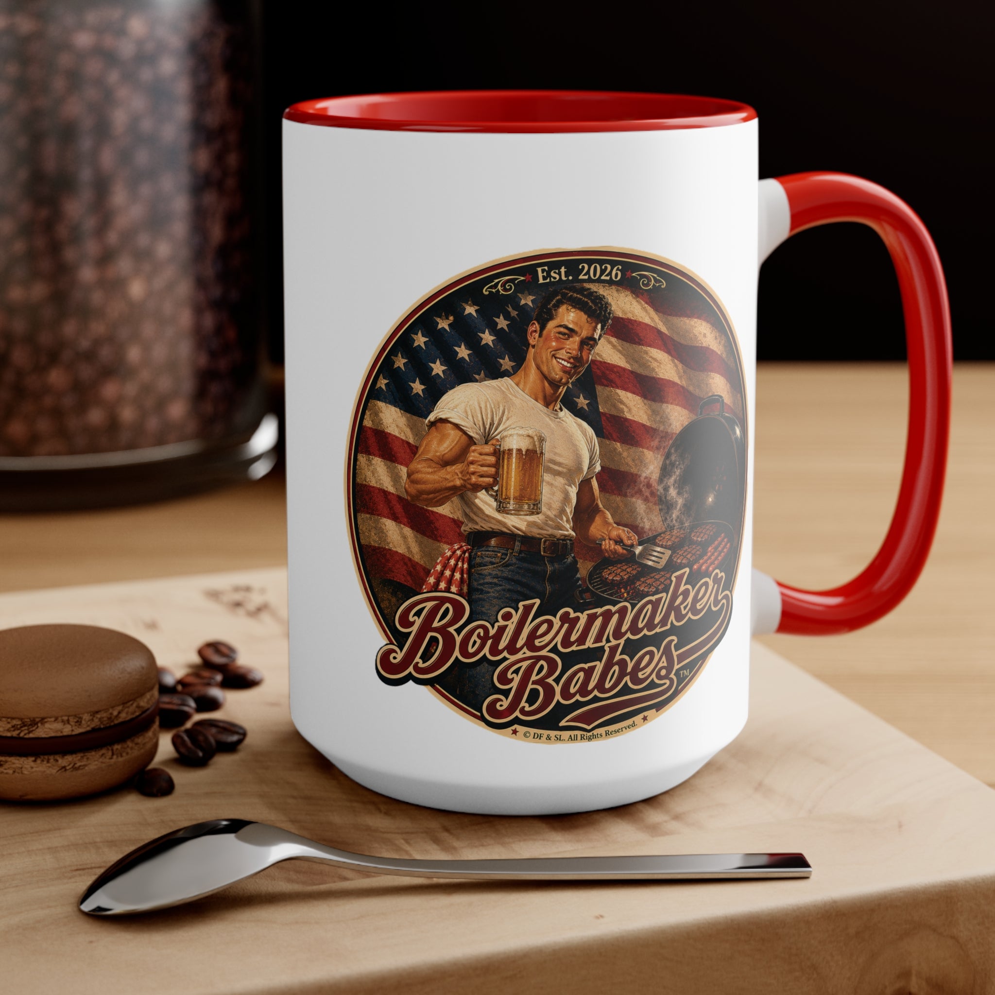 Jon 250! (M) – 15oz. Accent Mug - Boilermaker Babes ™ Vintage Style Pin-Up Art for 4th July