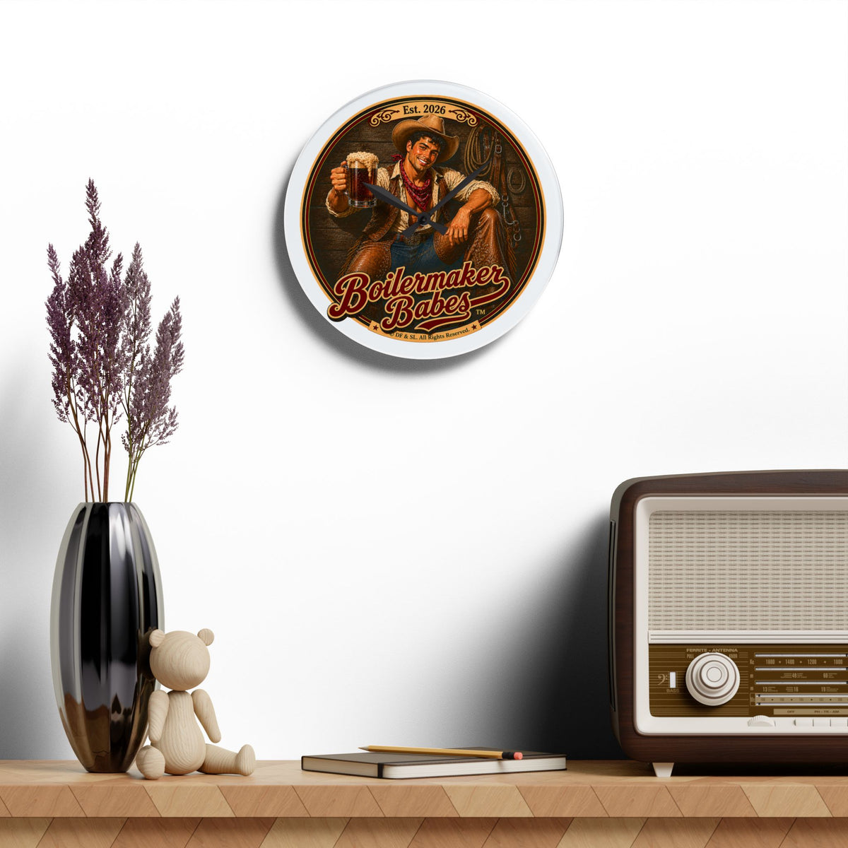 Cowboy Up! (F) Acrylic Wall Clock — Vintage Boilermaker Babes ™ Pin-Up Industrial Clock