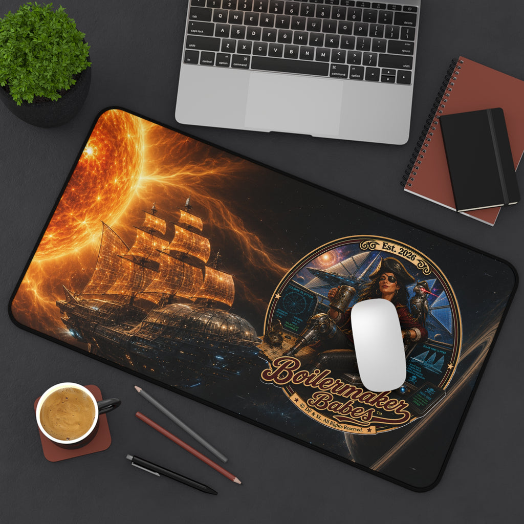 Steampunk Desk Mat | Cali! Boilermaker Babes™ Future-Past Solar Sail Sky Pirate Retro Pin-Up Art Gift - Nautical Pin-Up