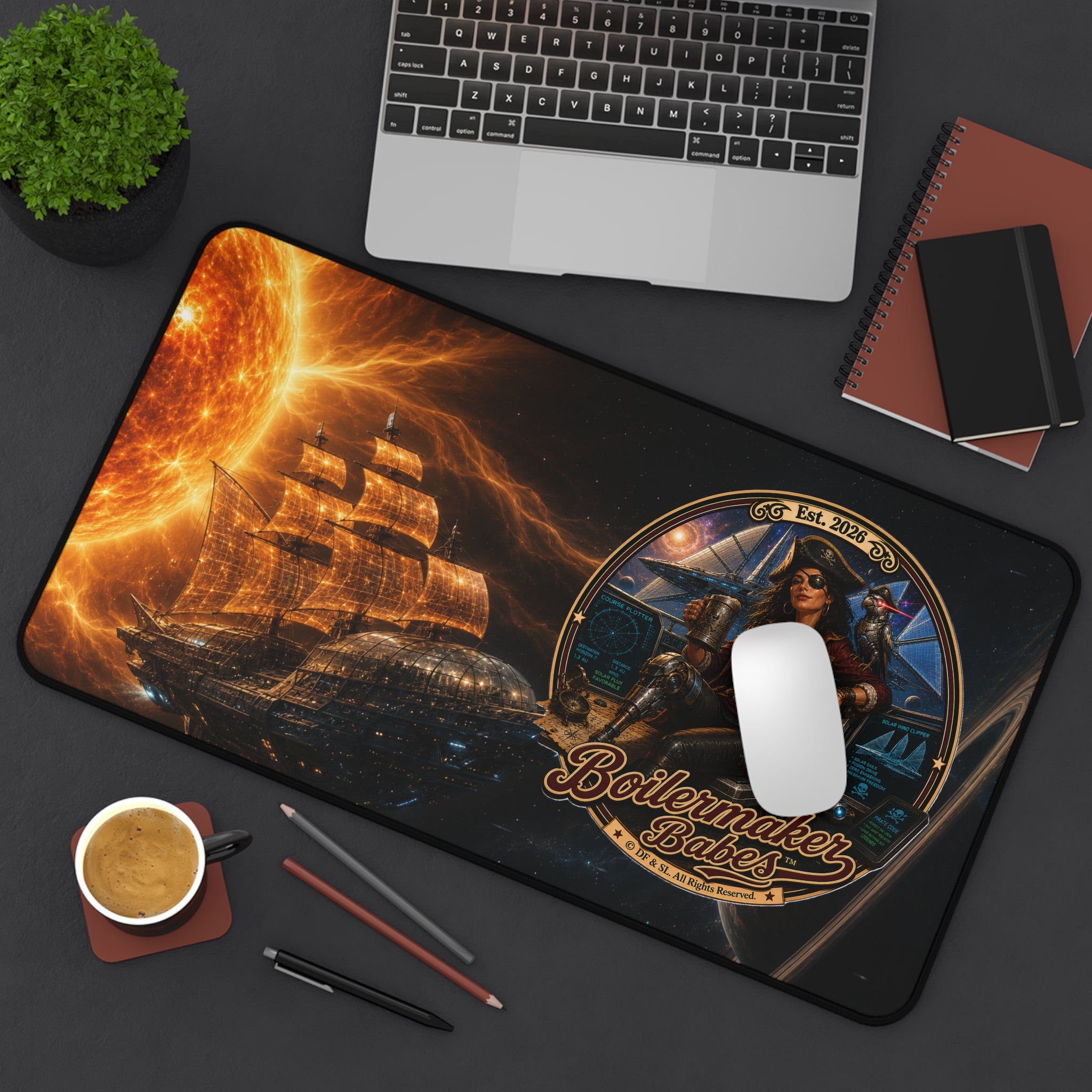 Steampunk Desk Mat | Cali! Boilermaker Babes™ Future-Past Solar Sail Sky Pirate Retro Pin-Up Art Gift - Nautical Pin-Up