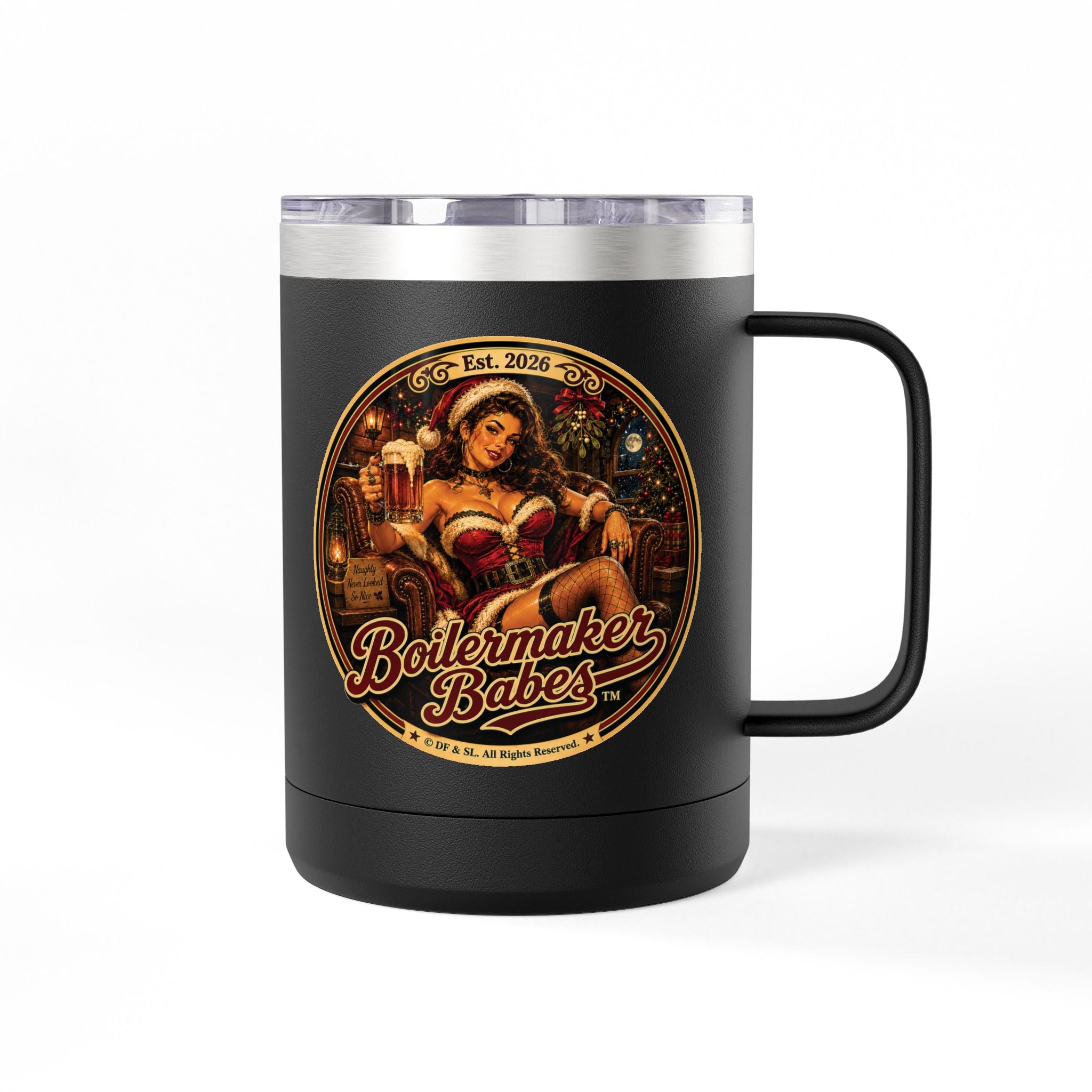 Claws! (F) – 15oz. Insulated Mug - Boilermaker Babes ™ Vintage Style Pin-Up Art