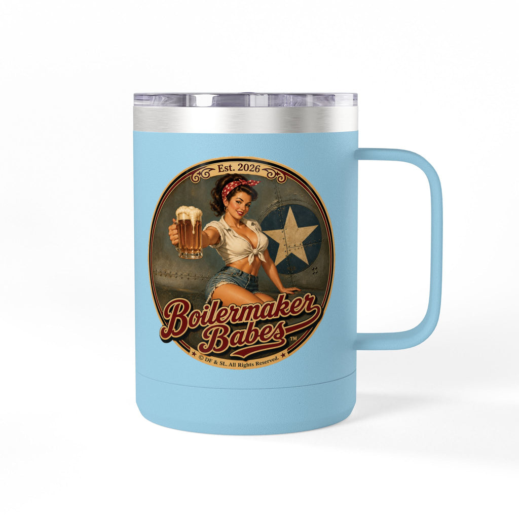Rivets! (F) – 15oz. Insulated Mug - Boilermaker Babes ™ Vintage Style Pin-Up Art