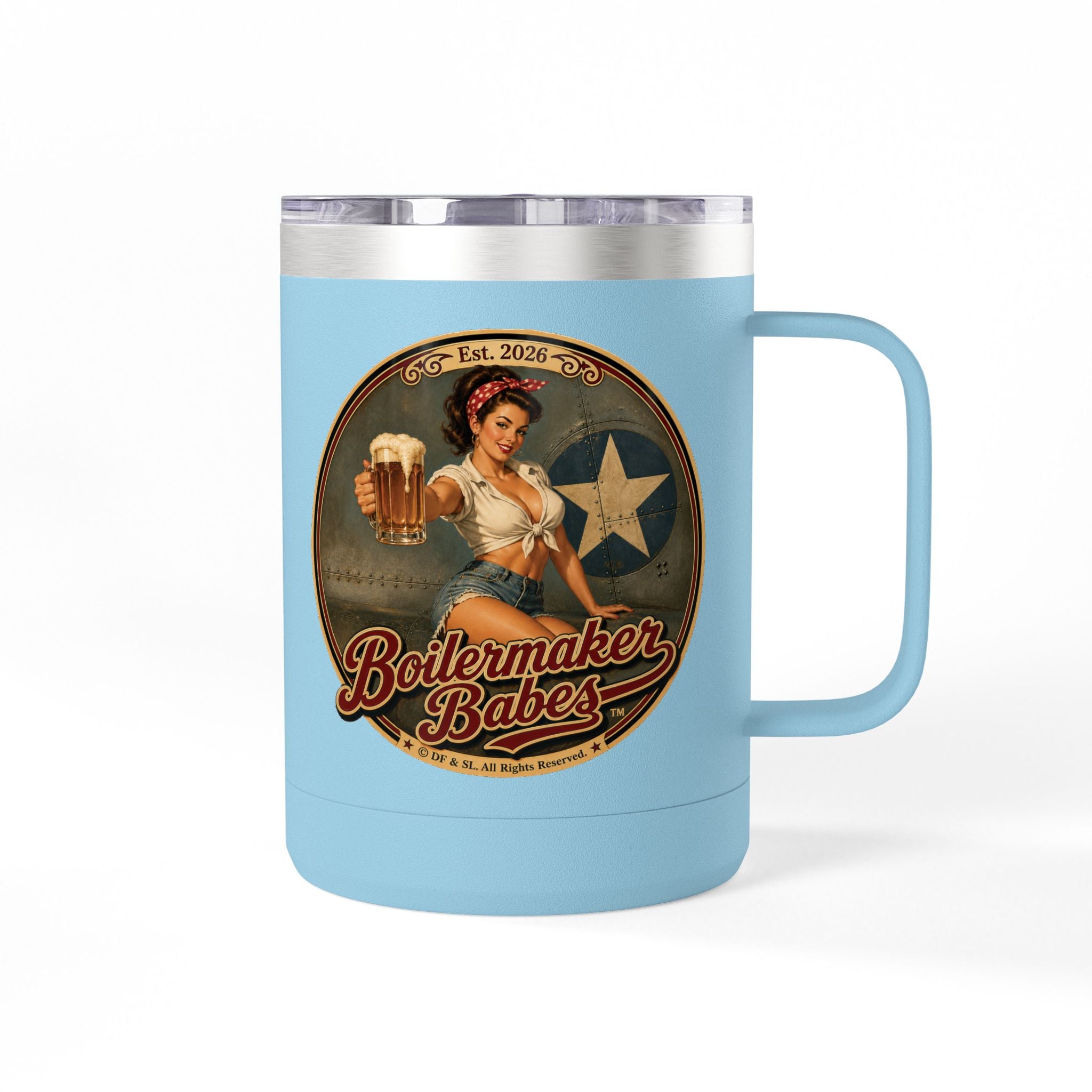 Rivets! (F) – 15oz. Insulated Mug - Boilermaker Babes ™ Vintage Style Pin-Up Art