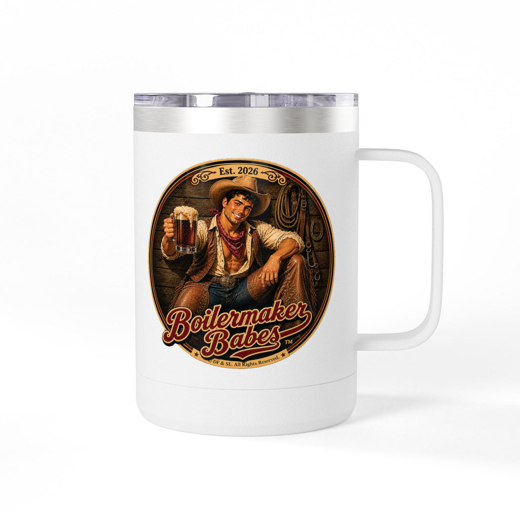 Cowboy Up! (M) – 15oz. Insulated Mug - Boilermaker Babes ™ Vintage Style Pin-Up Art