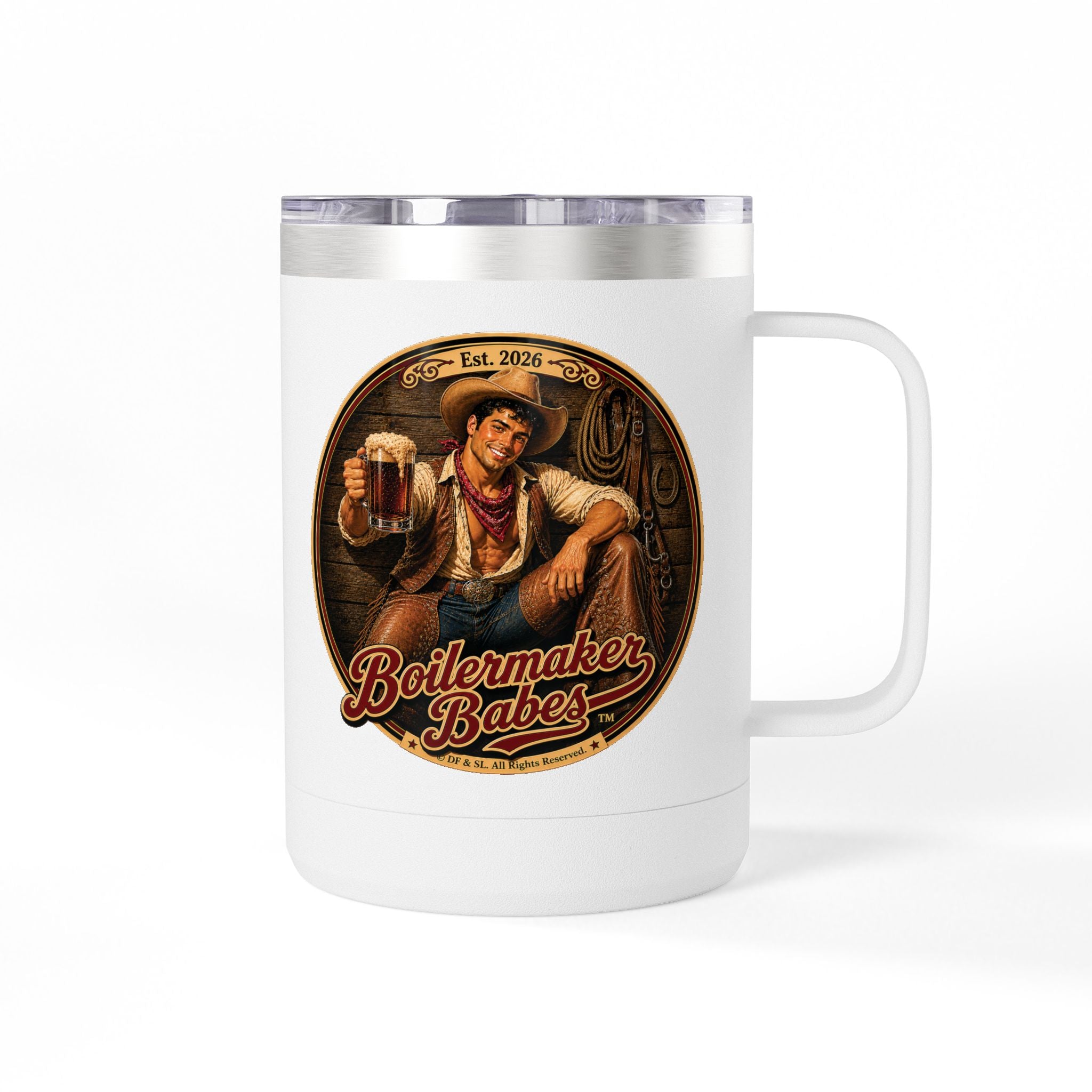 Cowboy Up! (M) – 15oz. Insulated Mug - Boilermaker Babes ™ Vintage Style Pin-Up Art
