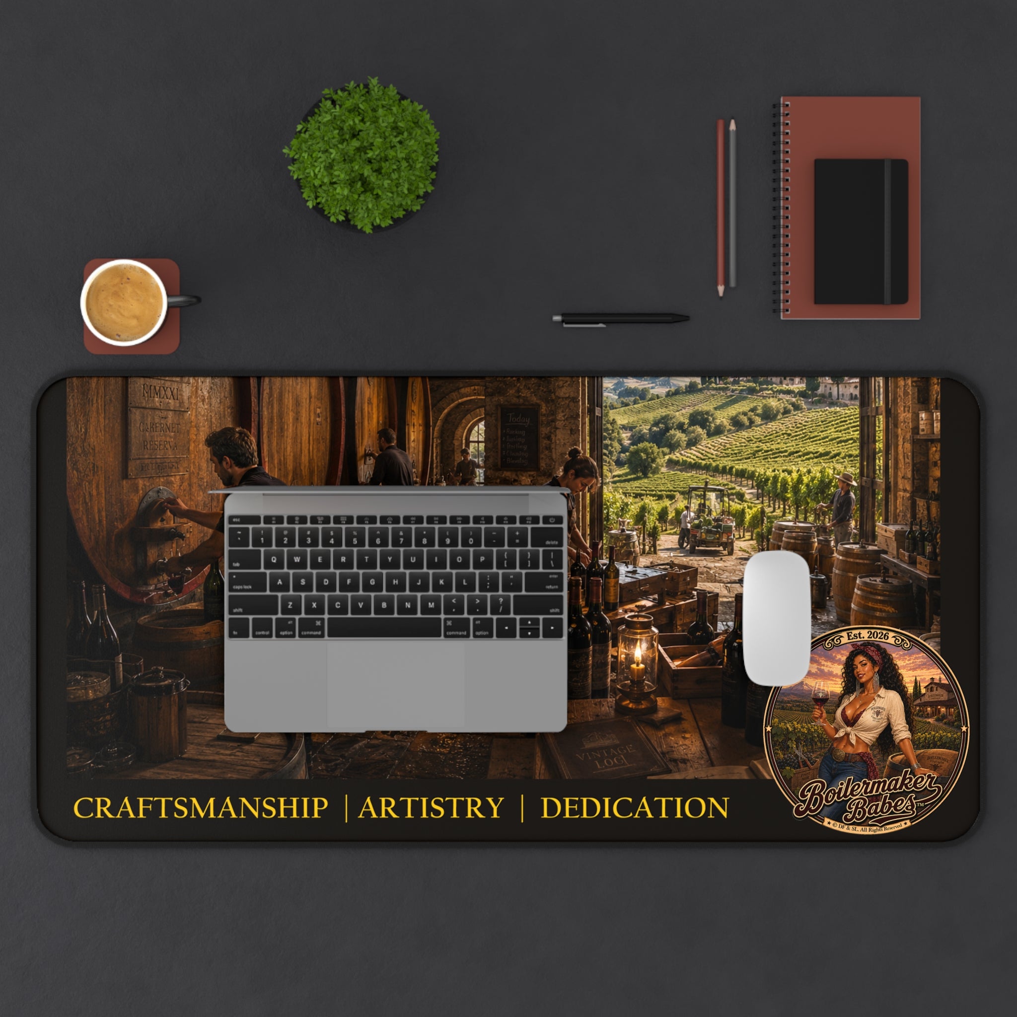 Oregon-Inspired Winery Desk Mat — "Craftsmanship | Artistry | Dedication" Vineyard Desk Mat