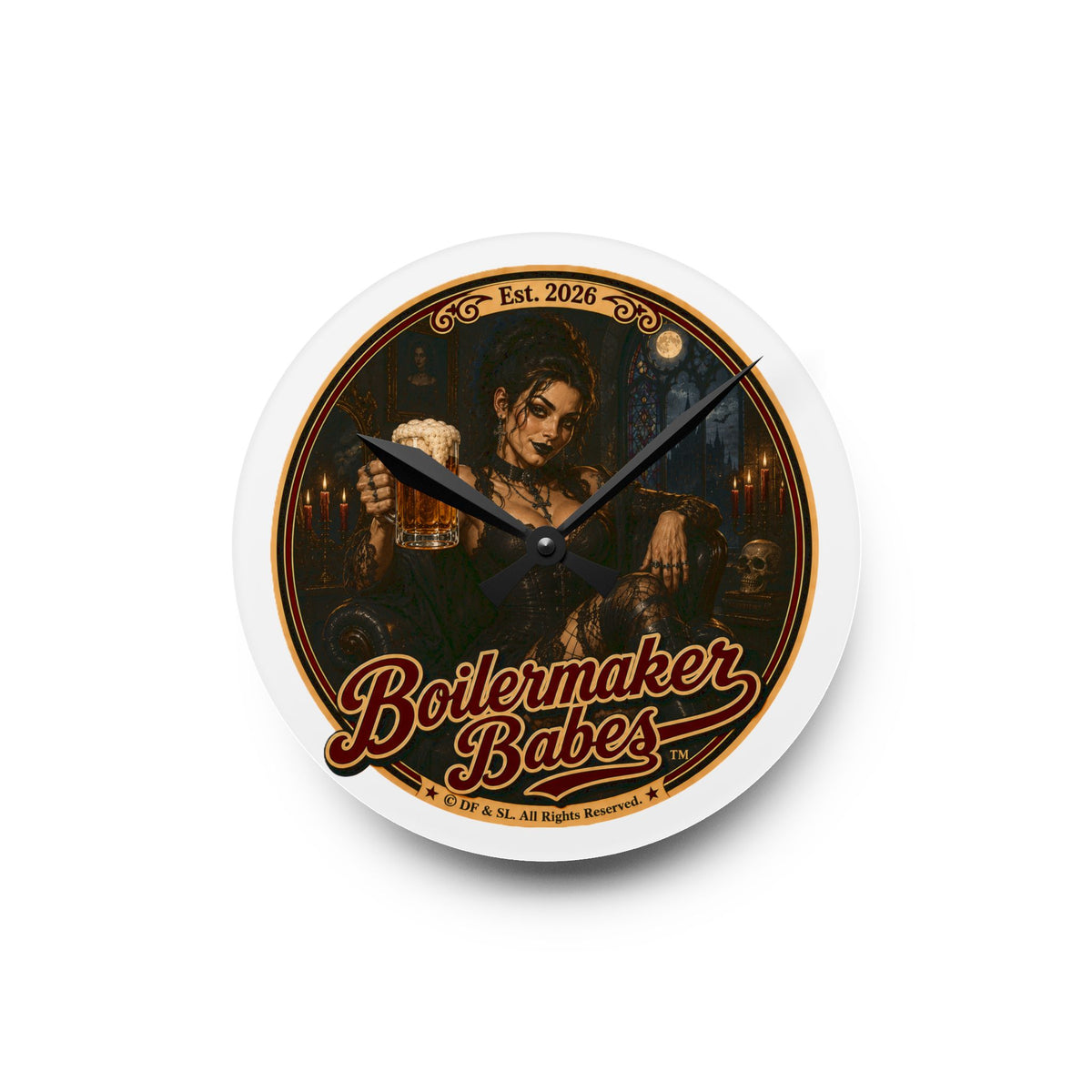 Spooki! (F) Acrylic Wall Clock — Vintage Boilermaker Babes ™ Pin-Up Industrial Clock