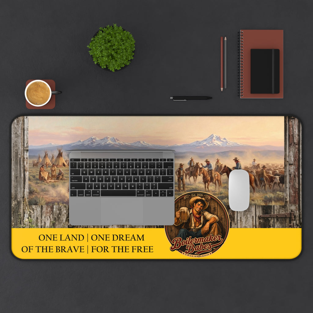 Western Cowboy Desk Mat — "One Land • One Dream — Of the Brave | For the Free"