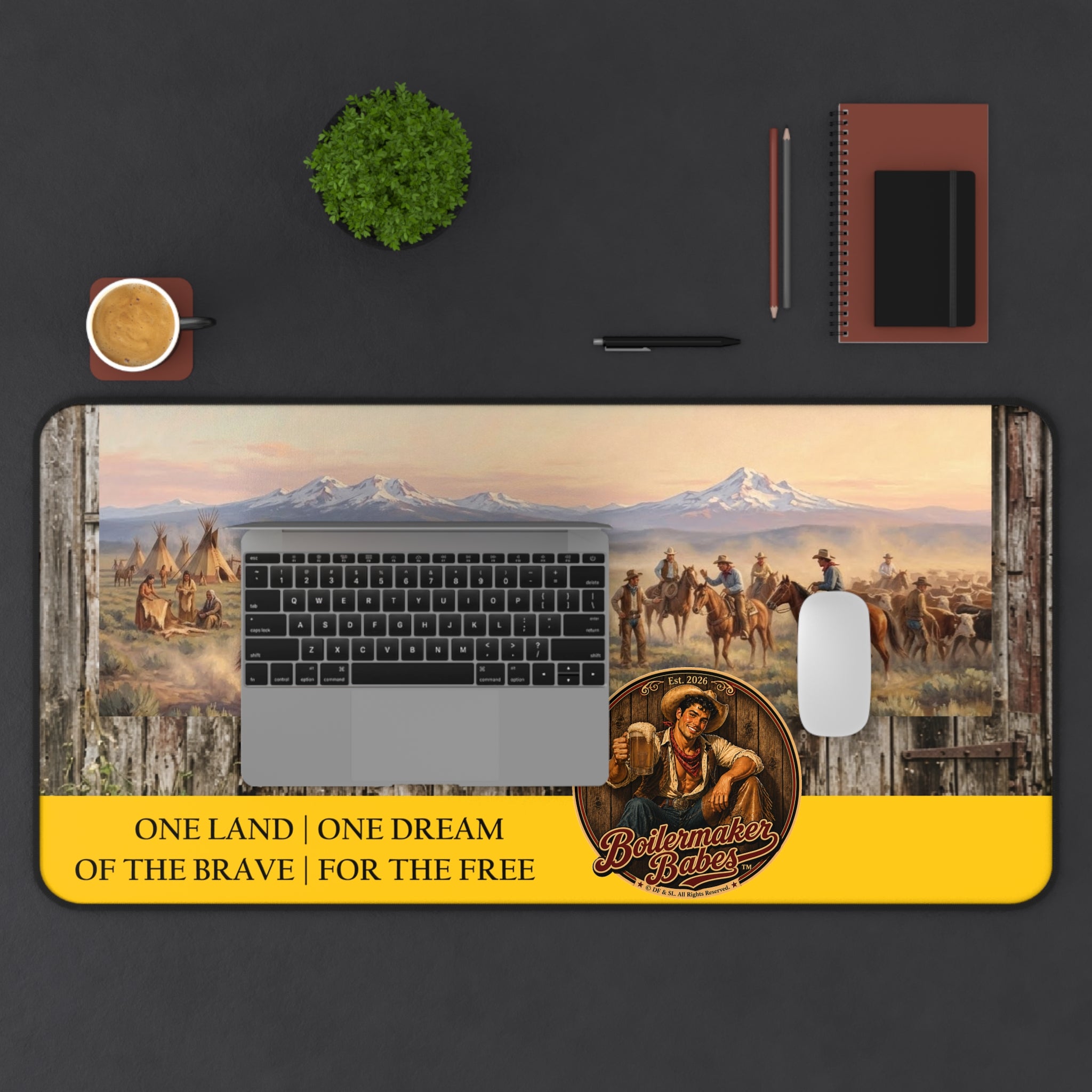 Western Cowboy Desk Mat — "One Land • One Dream — Of the Brave | For the Free"