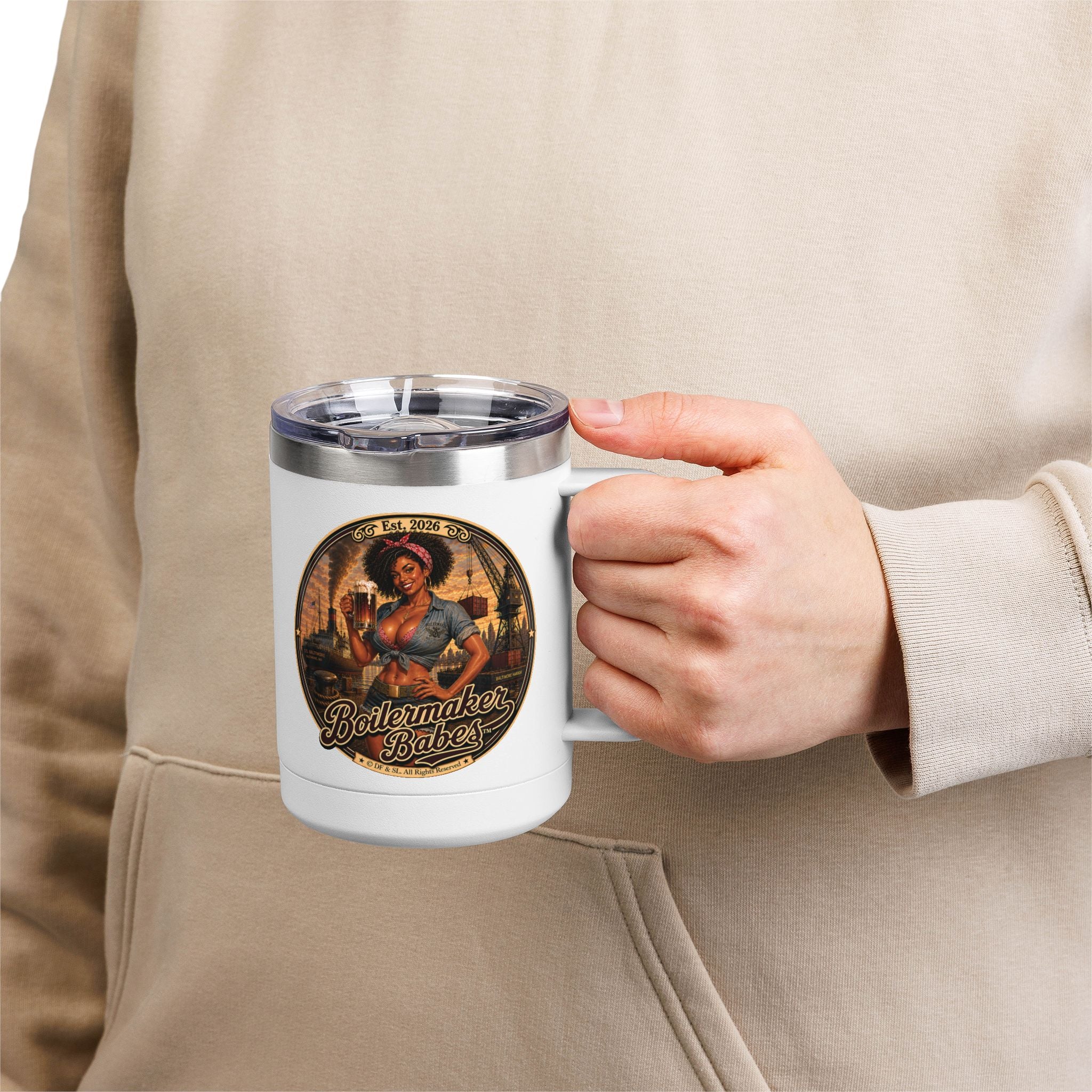 Docke! (F) – 15oz. Insulated Mug - Boilermaker Babes ™ Vintage Style Pin-Up Art