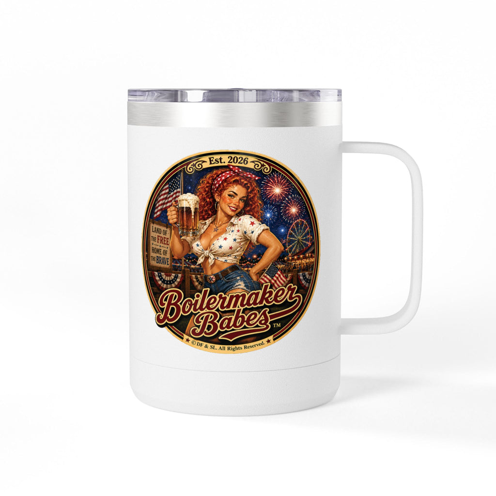 Juli 250! (F)– 15oz. Insulated Mug - Boilermaker Babes ™ Vintage Style Pin-Up Art for 4th July
