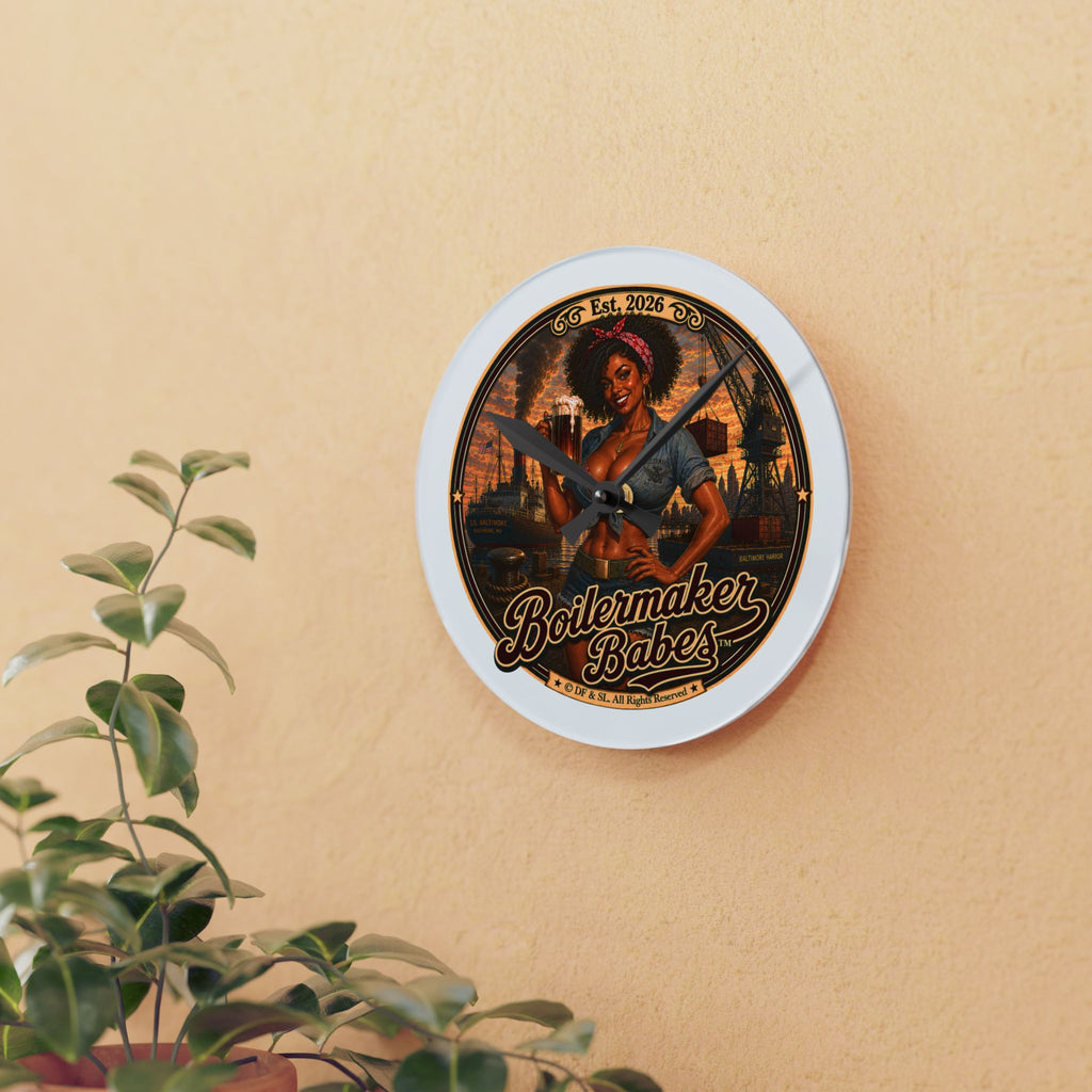 Docke! (F) Acrylic Wall Clock — Vintage Boilermaker Babes ™ Pin-Up Industrial Clock
