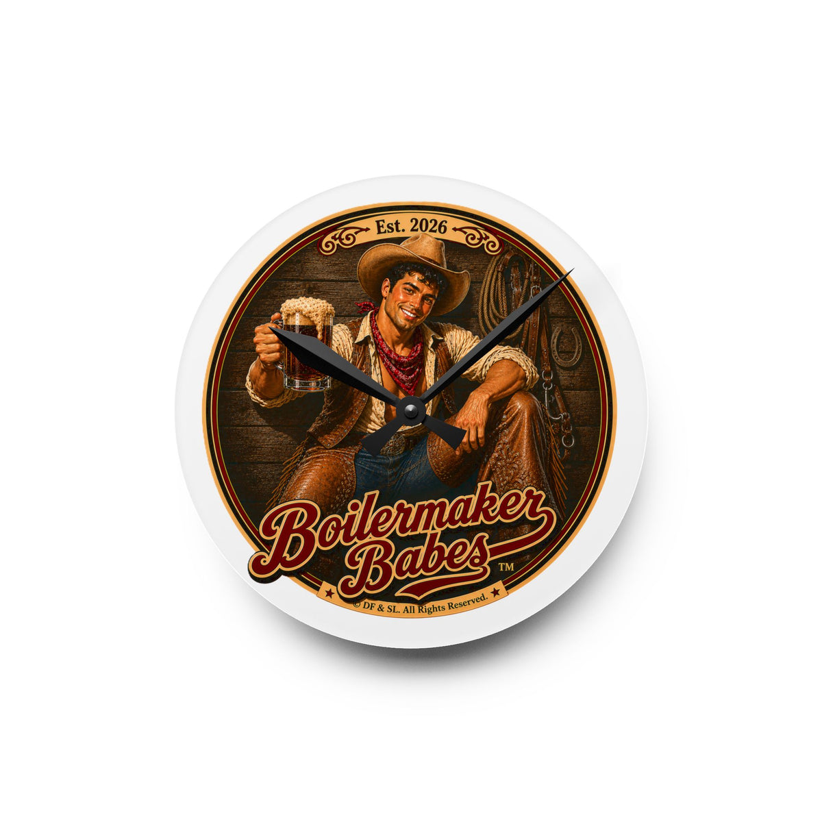 Cowboy Up! (F) Acrylic Wall Clock — Vintage Boilermaker Babes ™ Pin-Up Industrial Clock