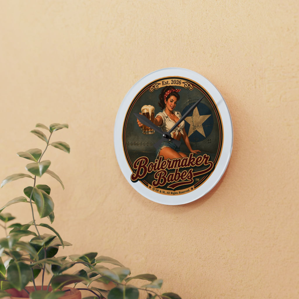Rivets! (F) Boilermaker Babes ™ Retro Pin-Up Acrylic Wall Clock — Vintage Bar Decor