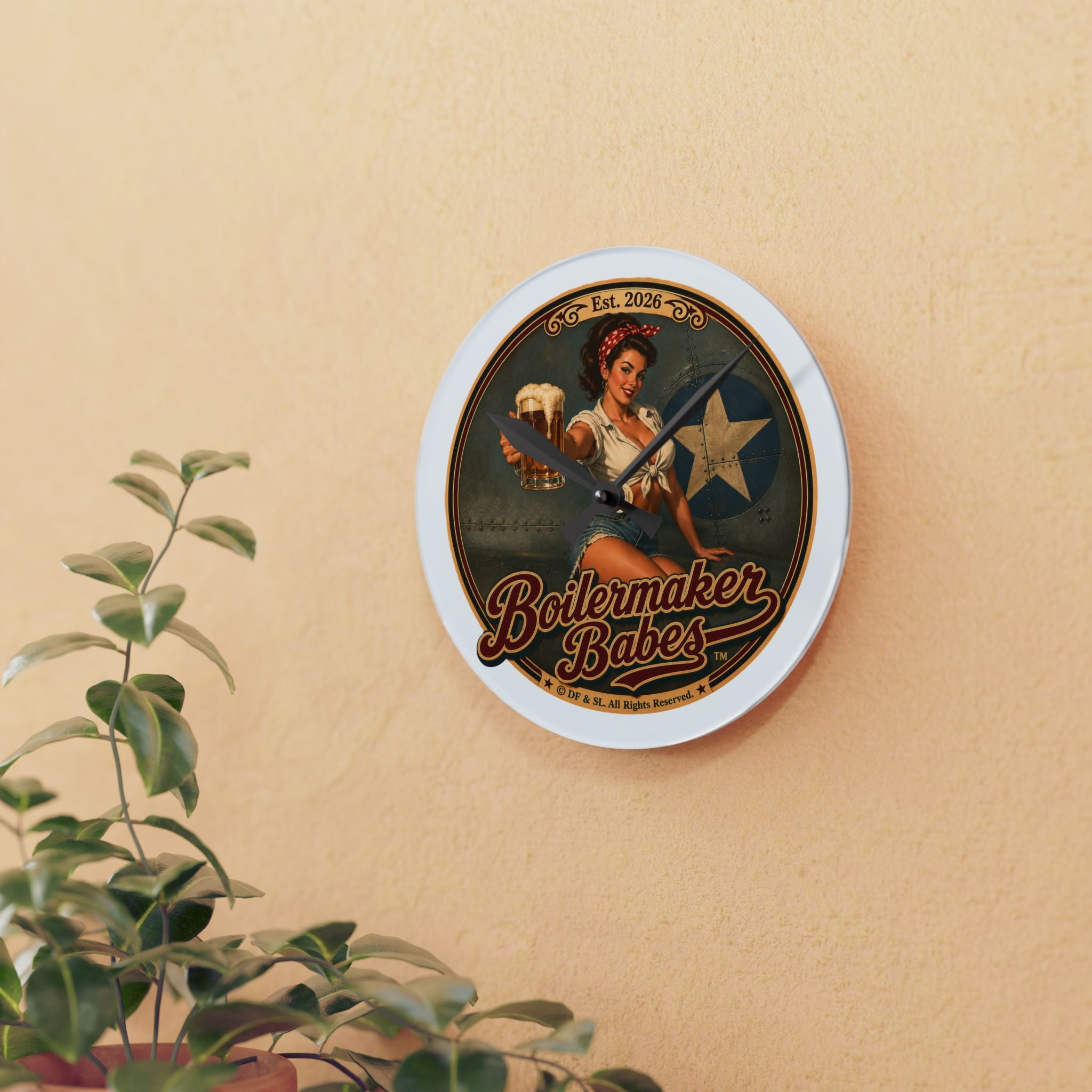 Rivets! (F) Boilermaker Babes ™ Retro Pin-Up Acrylic Wall Clock — Vintage Bar Decor