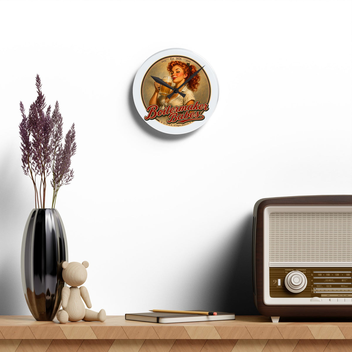 Thursti! (F) Boilermaker Babes ™ Retro Pin-Up Acrylic Wall Clock — Vintage Bar Decor