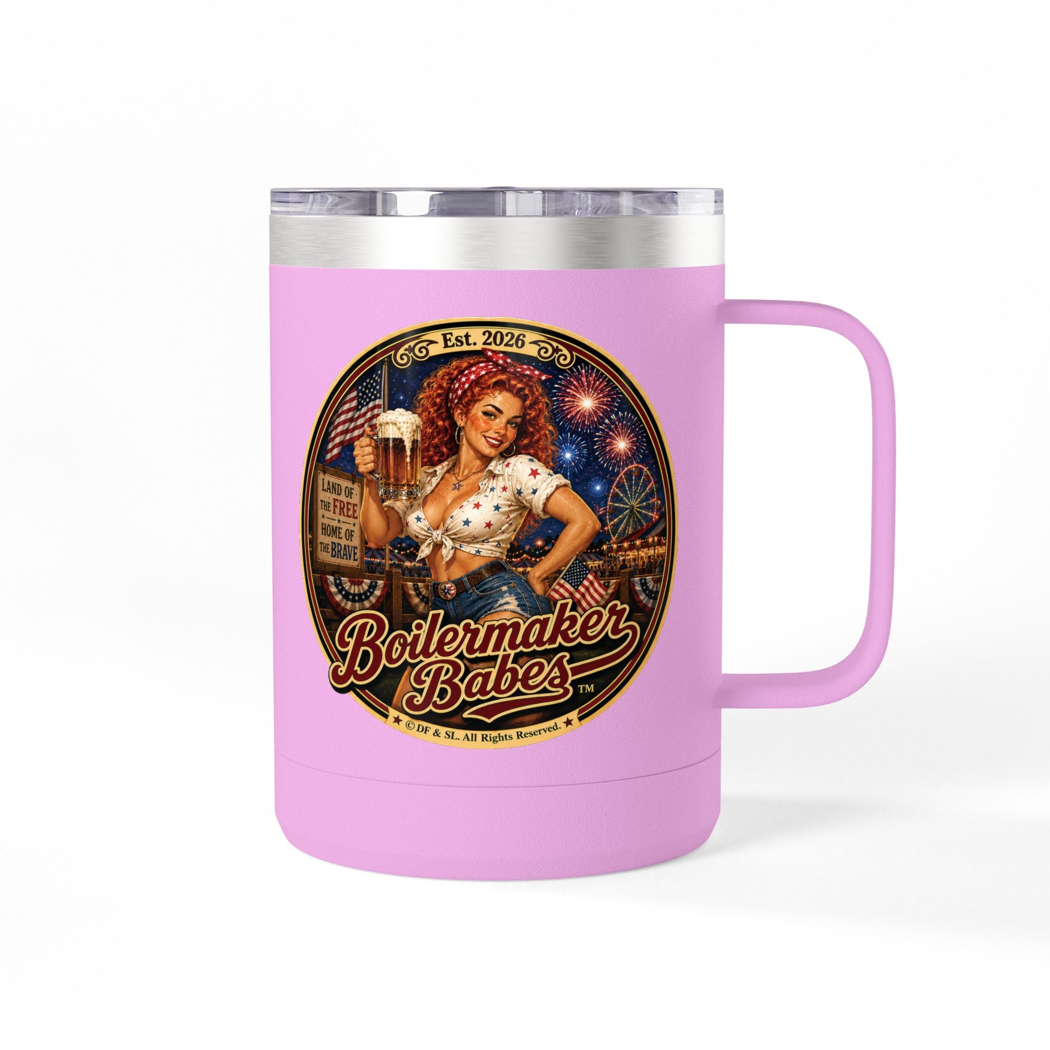 Juli 250! (F)– 15oz. Insulated Mug - Boilermaker Babes ™ Vintage Style Pin-Up Art for 4th July