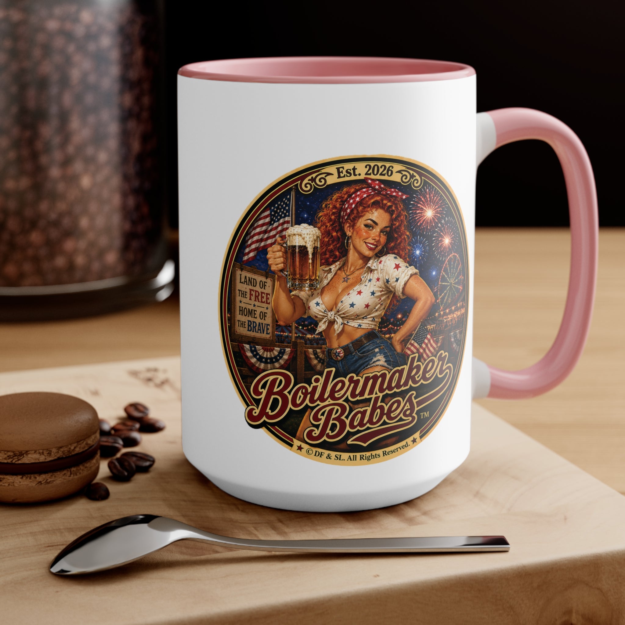 Juli 250! (F) – 15oz. Accent Mug - Boilermaker Babes ™ Vintage Style Pin-Up Art for 4th July