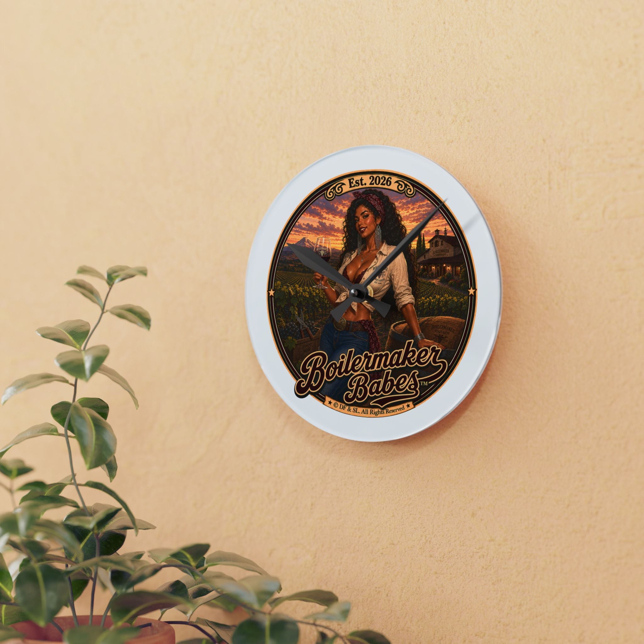 Vini! (F) Boilermaker Babes ™ Vintage Pin-Up Acrylic Wall Clock — Rustic Farmhouse Kitchen Decor