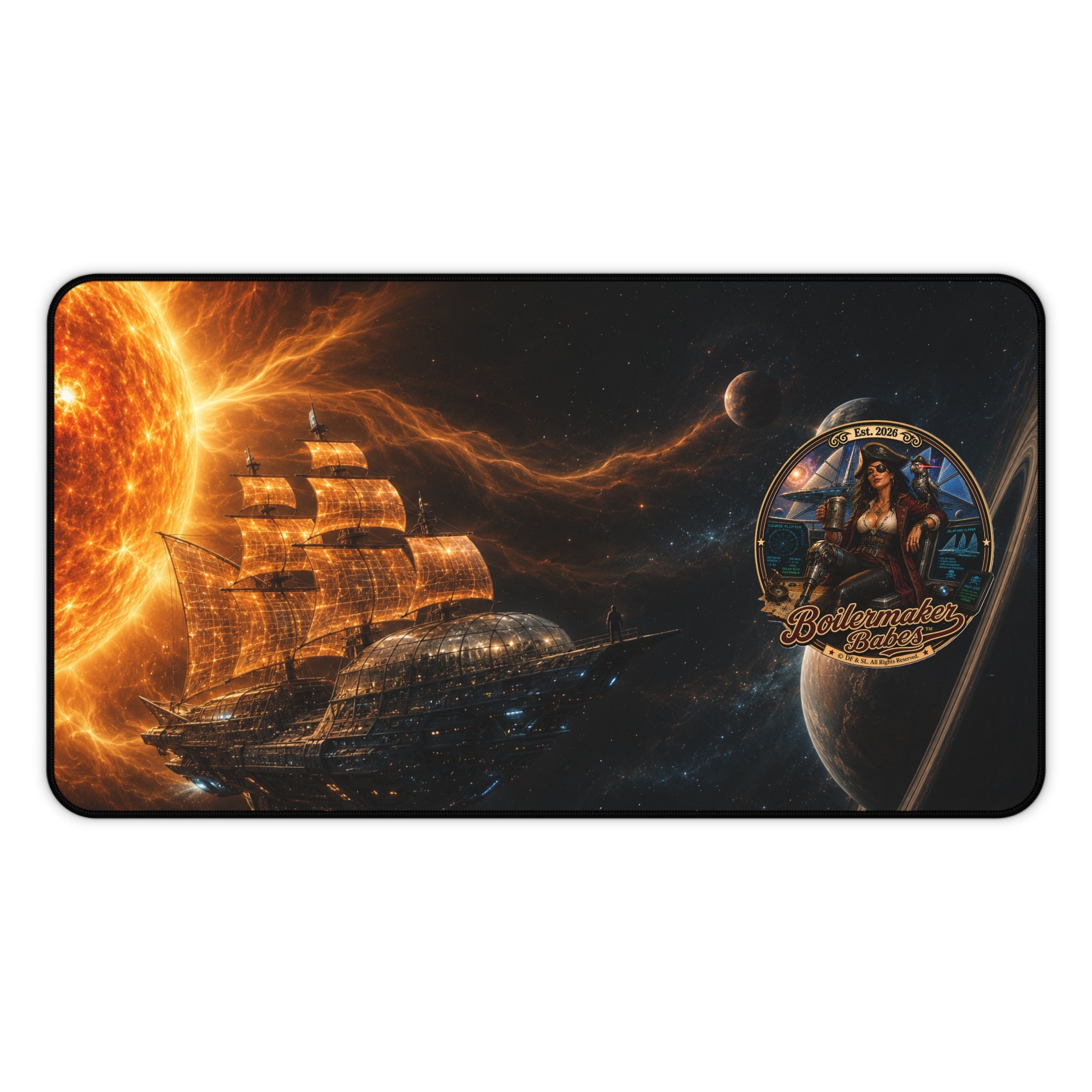 Steampunk Desk Mat | Cali! Boilermaker Babes™ Future-Past Solar Sail Sky Pirate Retro Pin-Up Art Gift - Nautical Pin-Up