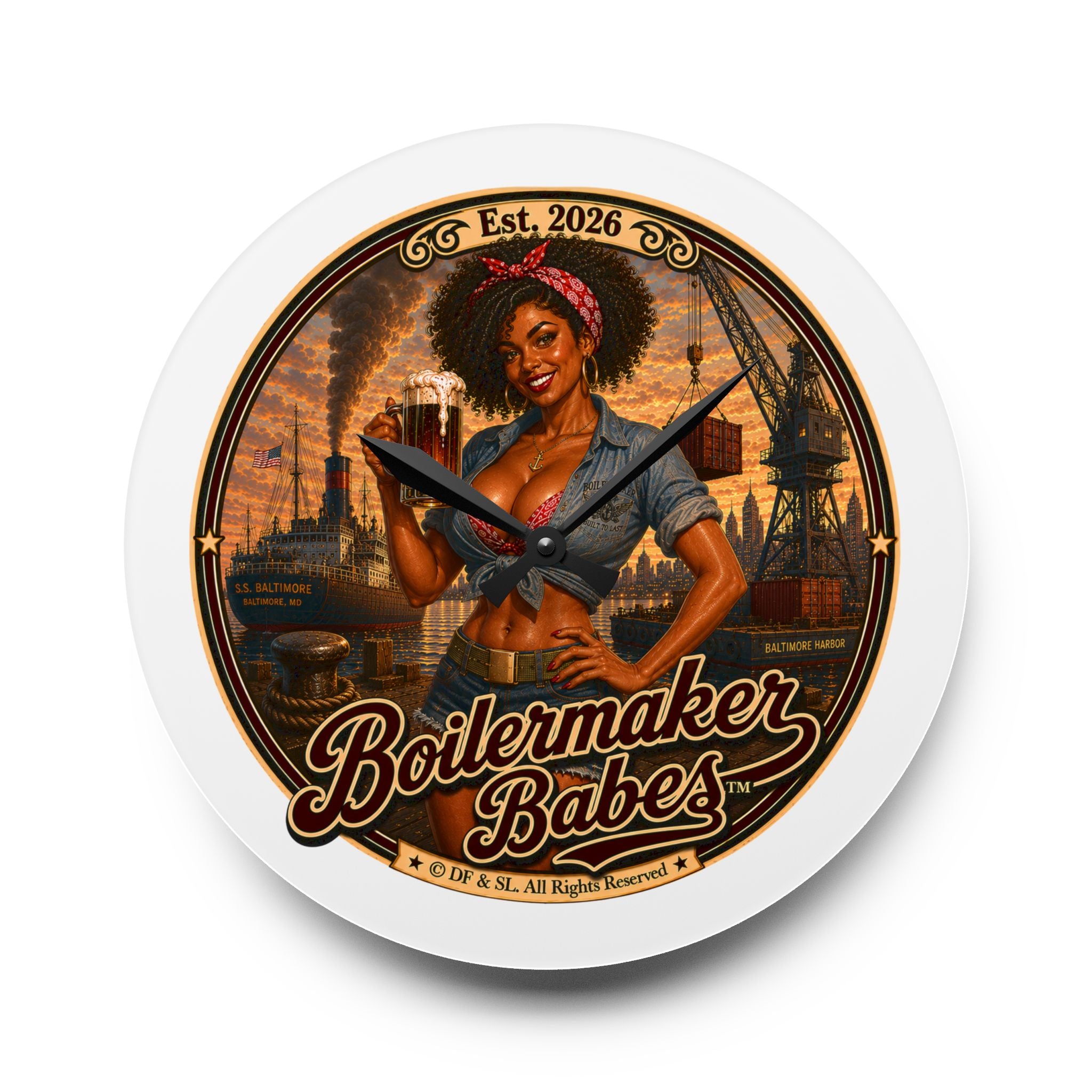 Docke! (F) Acrylic Wall Clock — Vintage Boilermaker Babes ™ Pin-Up Industrial Clock
