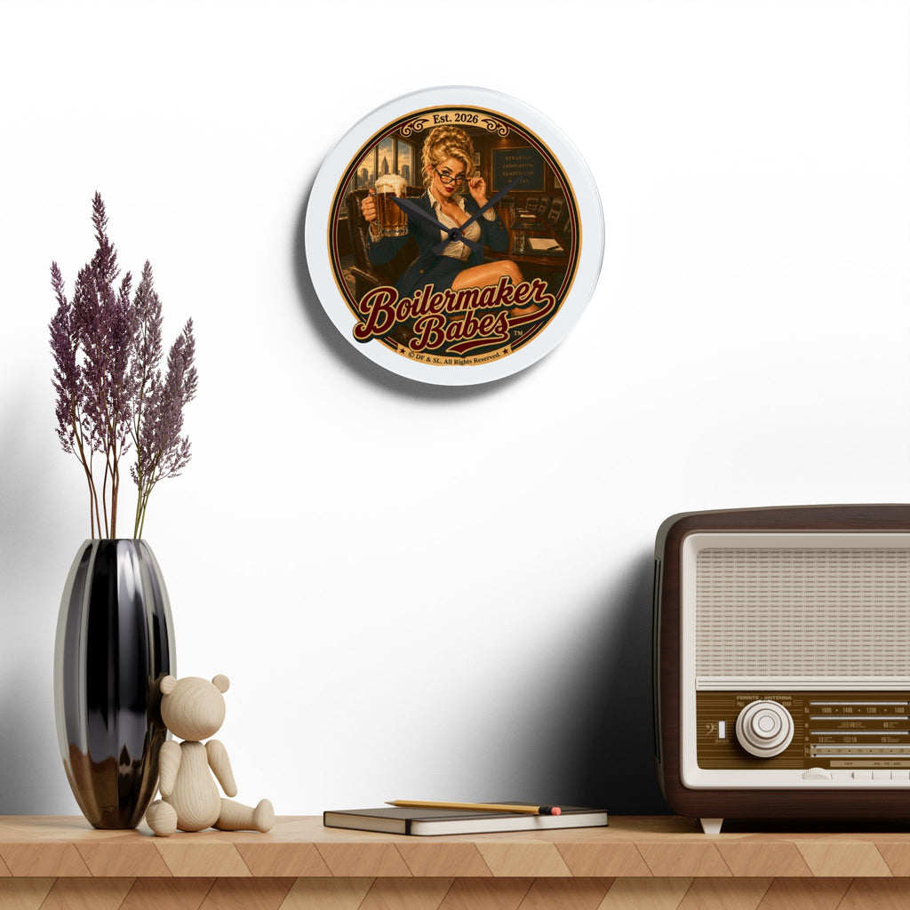 BB! Boilermaker Babes ™ Retro Pin-Up Acrylic Wall Clock — Vintage Brewery Bar Decor