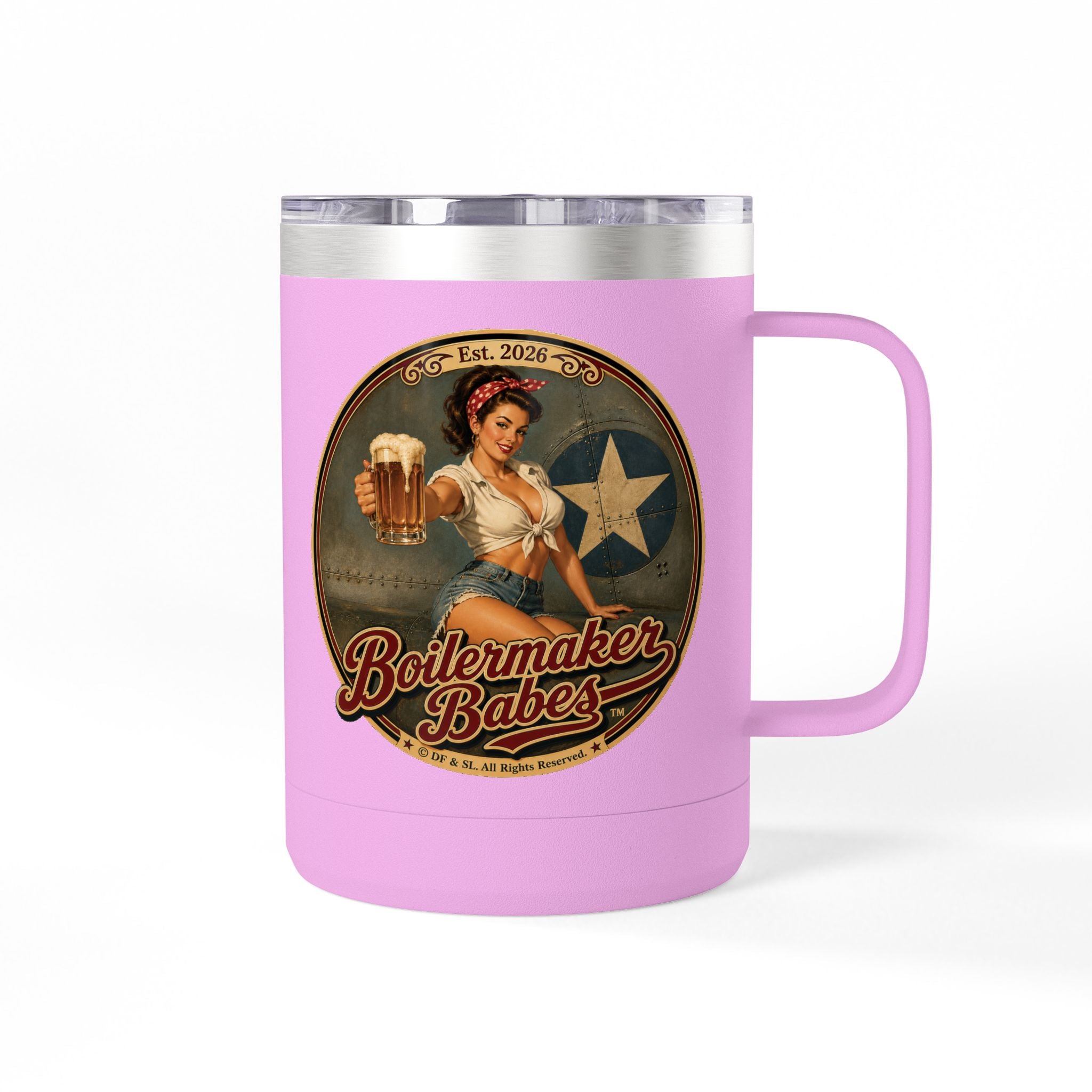Rivets! (F) – 15oz. Insulated Mug - Boilermaker Babes ™ Vintage Style Pin-Up Art