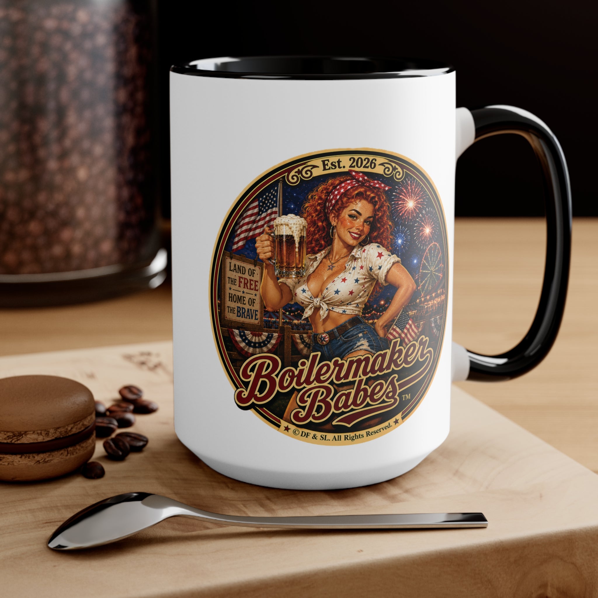 Juli 250! (F) – 15oz. Accent Mug - Boilermaker Babes ™ Vintage Style Pin-Up Art for 4th July