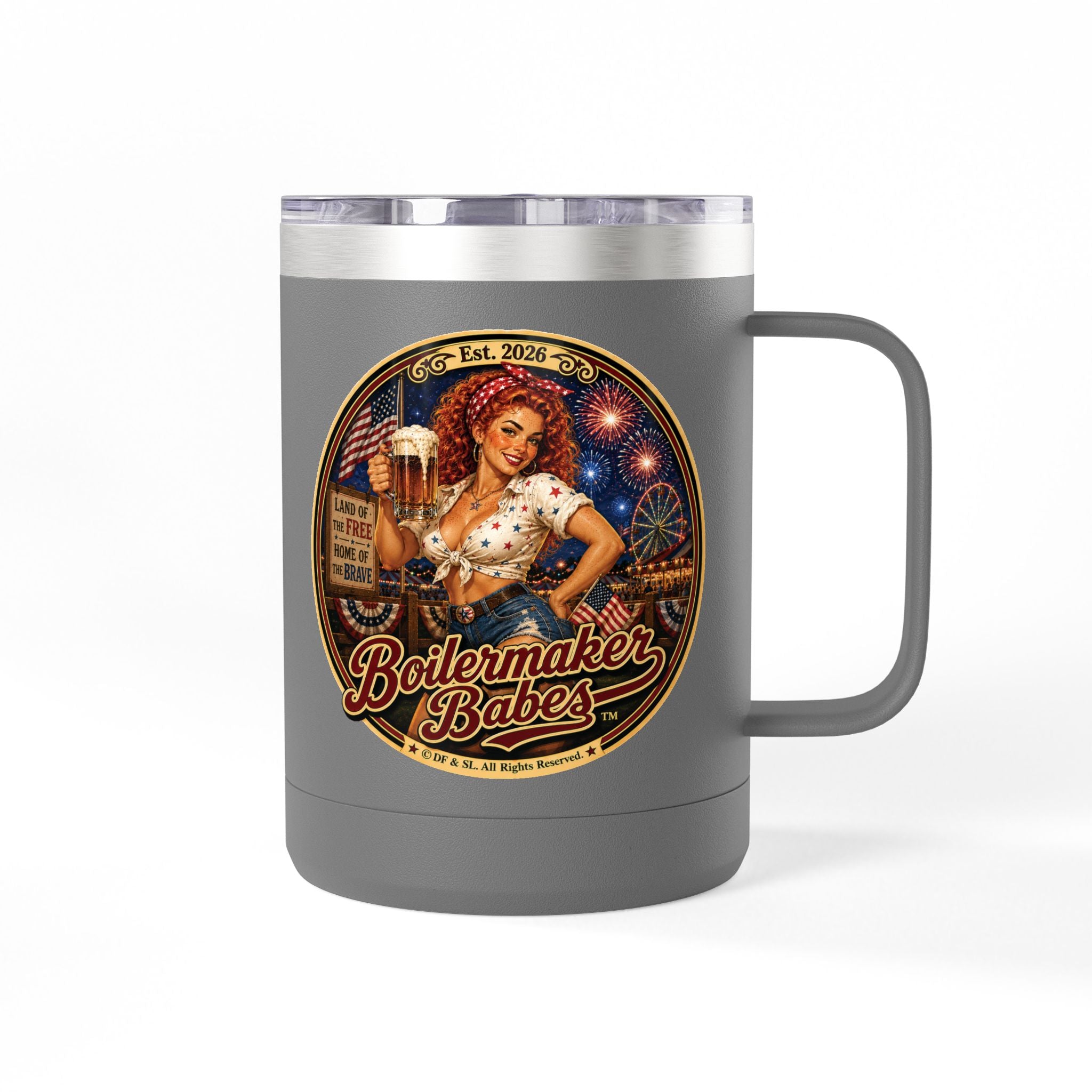 Juli 250! (F)– 15oz. Insulated Mug - Boilermaker Babes ™ Vintage Style Pin-Up Art for 4th July
