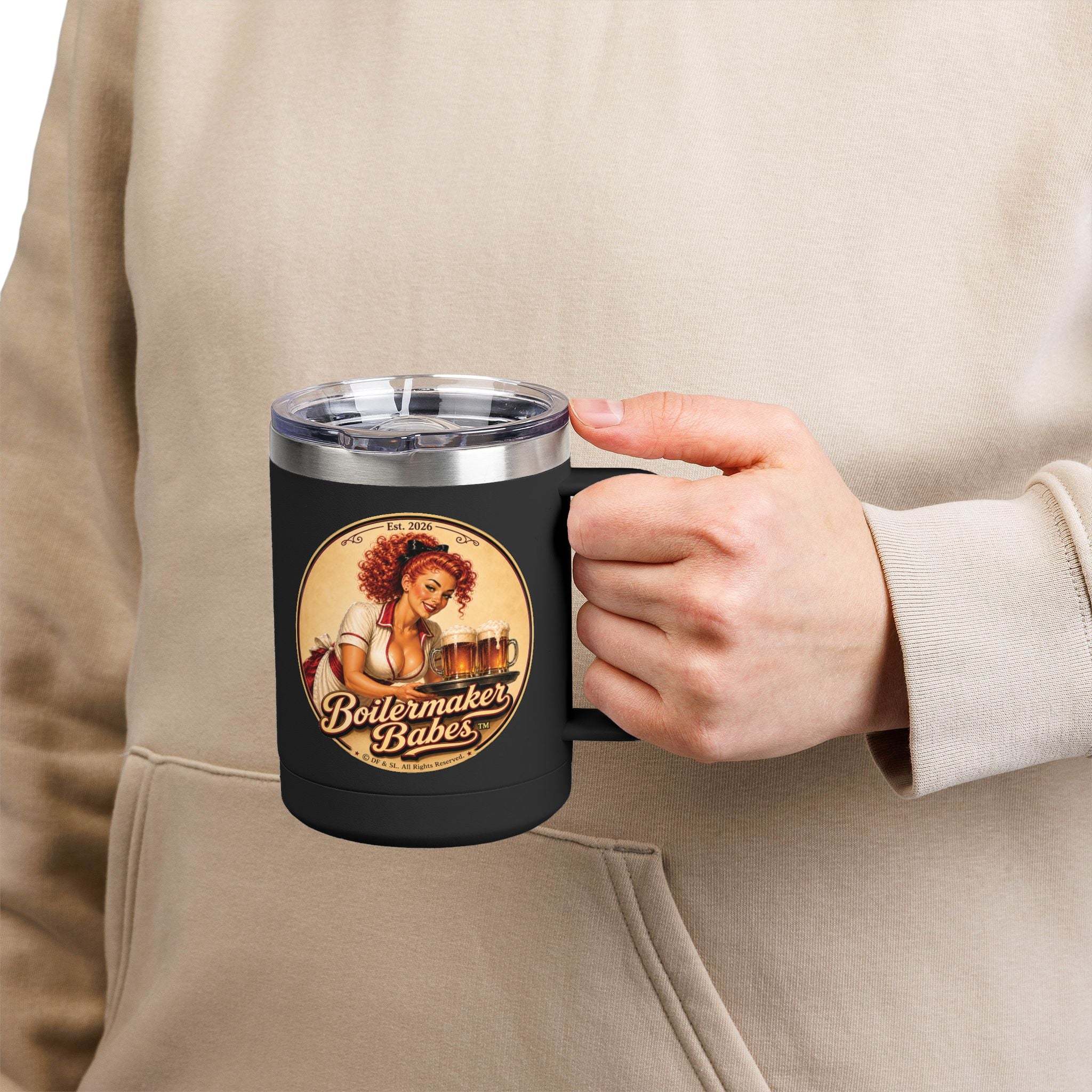 BB! (F) – 15oz. Insulated Mug - Boilermaker Babes ™ Vintage Style Pin-Up Art