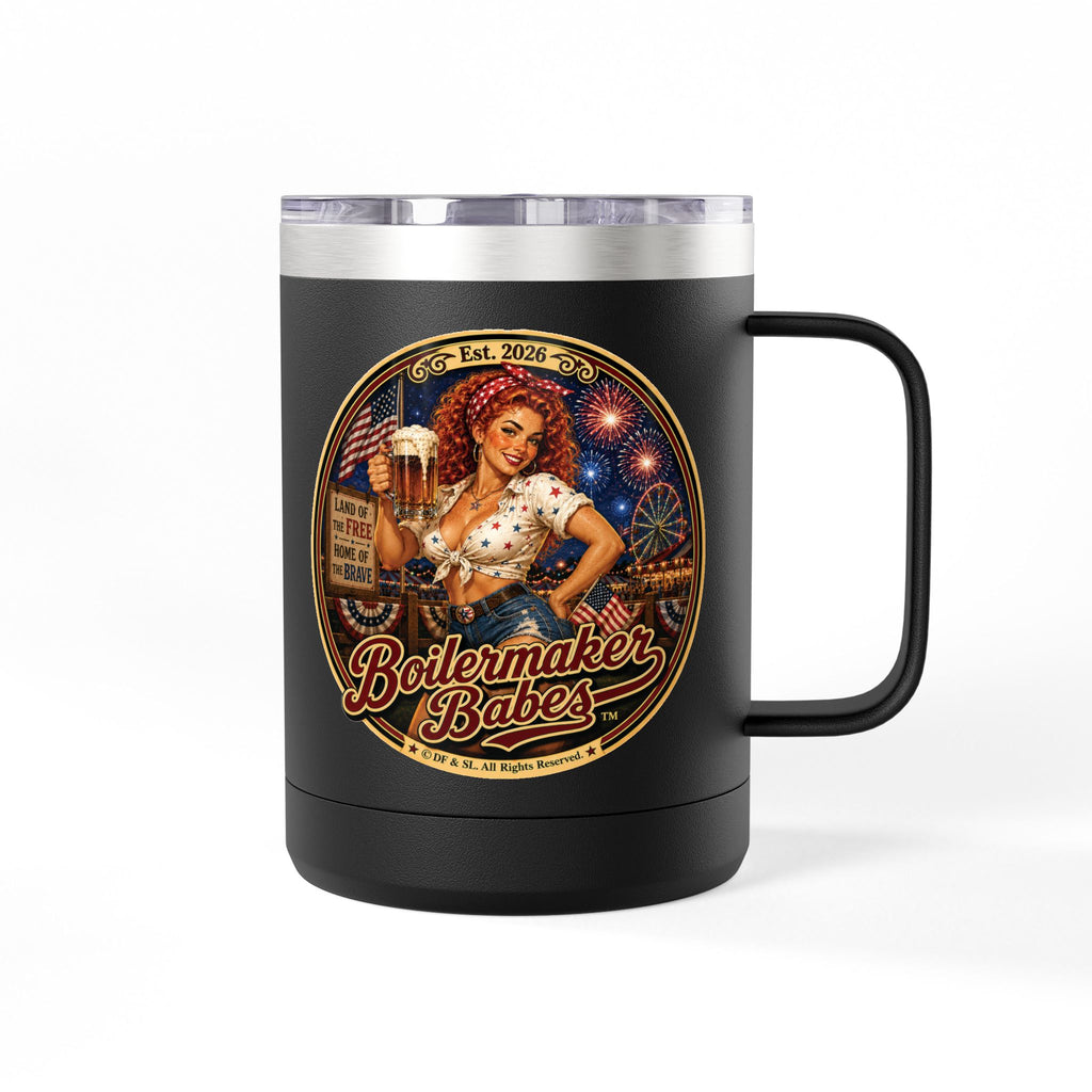 Juli 250! (F)– 15oz. Insulated Mug - Boilermaker Babes ™ Vintage Style Pin-Up Art for 4th July