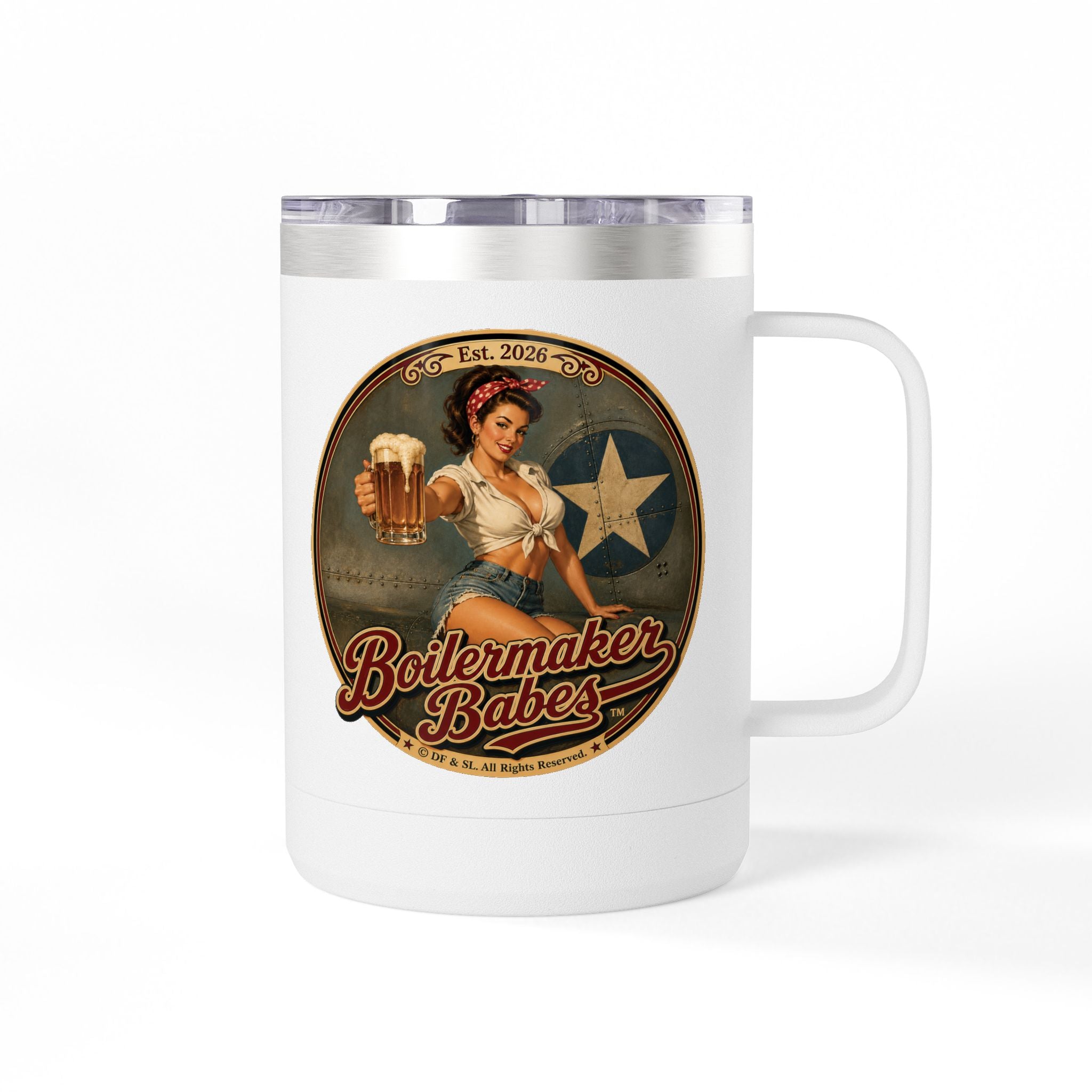 Rivets! (F) – 15oz. Insulated Mug - Boilermaker Babes ™ Vintage Style Pin-Up Art