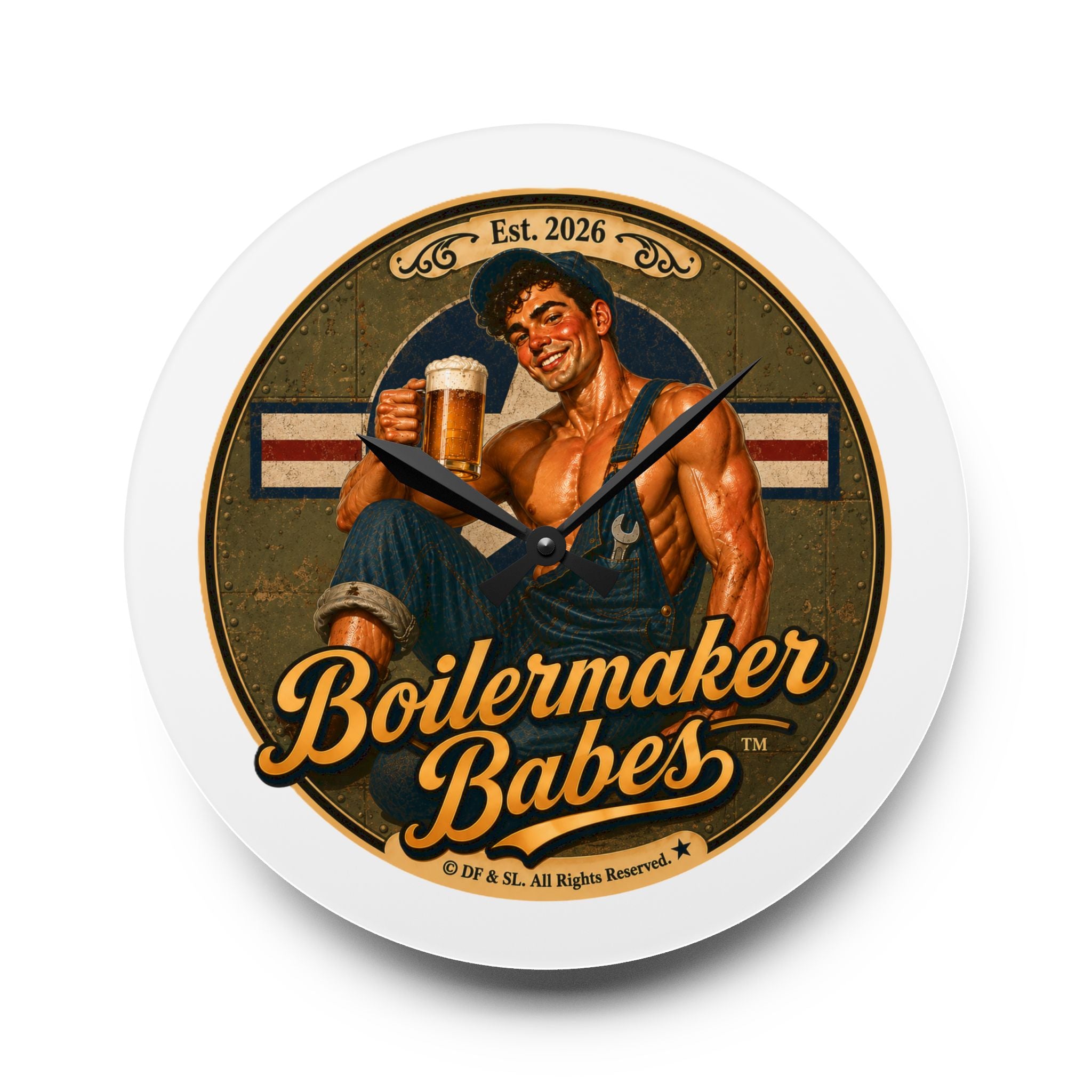 Mecham! (M) Boilermaker Babes ™ Acrylic Wall Clock – Retro Pinup Beer Decor