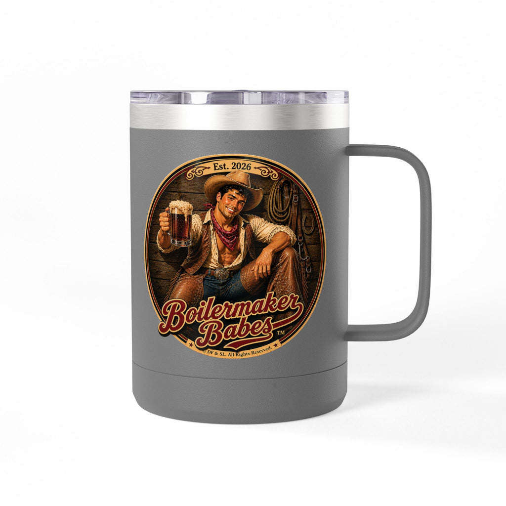 Cowboy Up! (M) – 15oz. Insulated Mug - Boilermaker Babes ™ Vintage Style Pin-Up Art