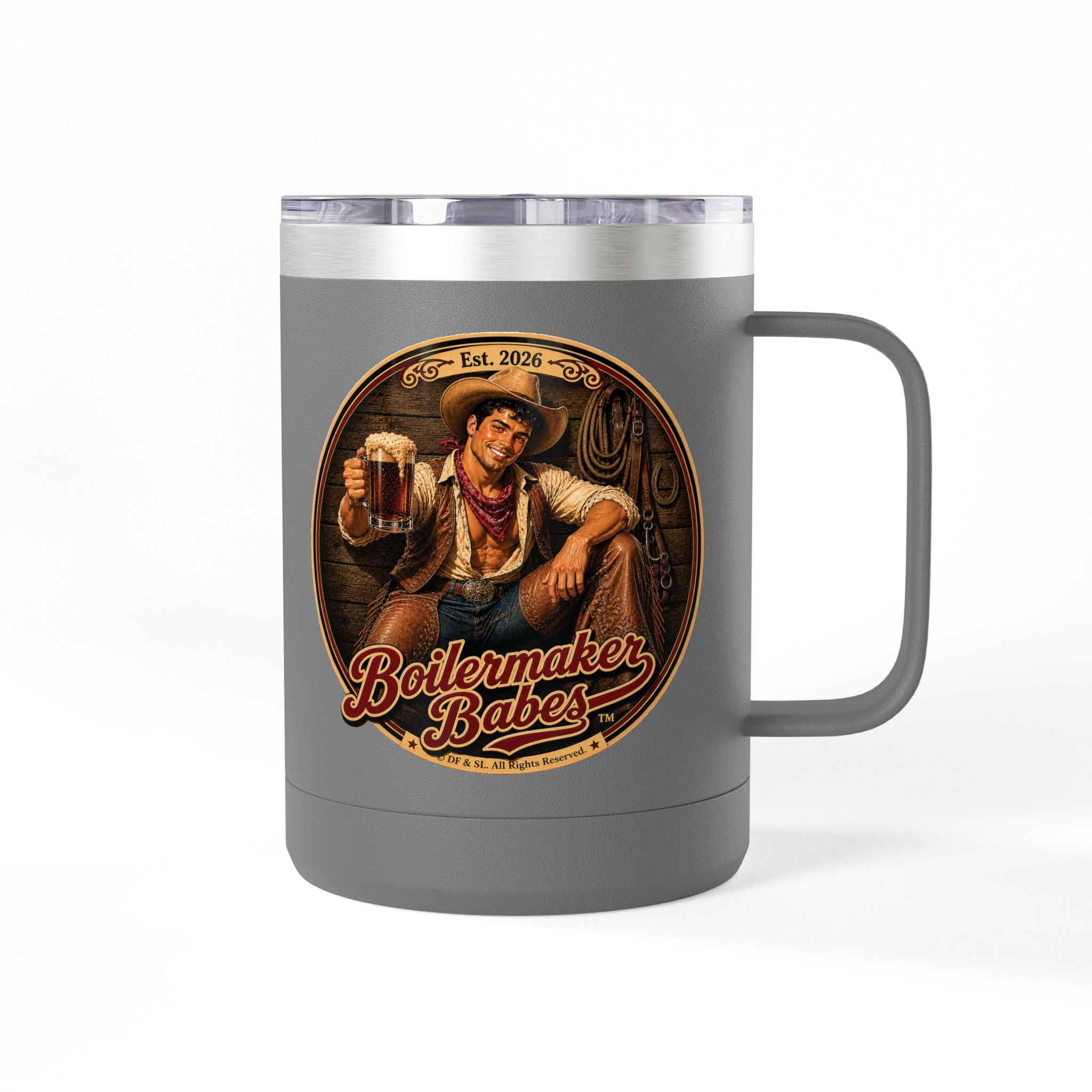 Cowboy Up! (M) – 15oz. Insulated Mug - Boilermaker Babes ™ Vintage Style Pin-Up Art