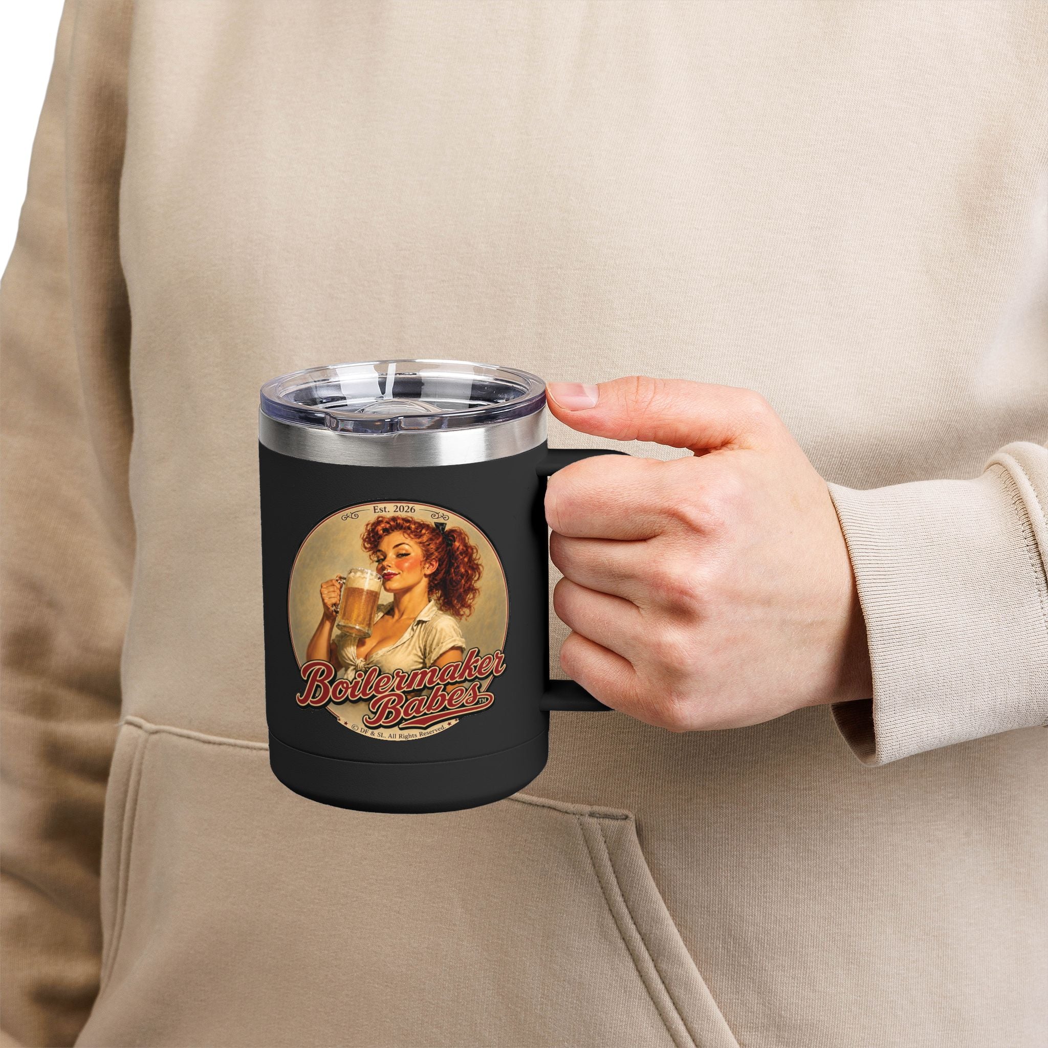 Thursti! (F) – 15oz. Insulated Mug - Boilermaker Babes ™ Vintage Style Pin-Up Art