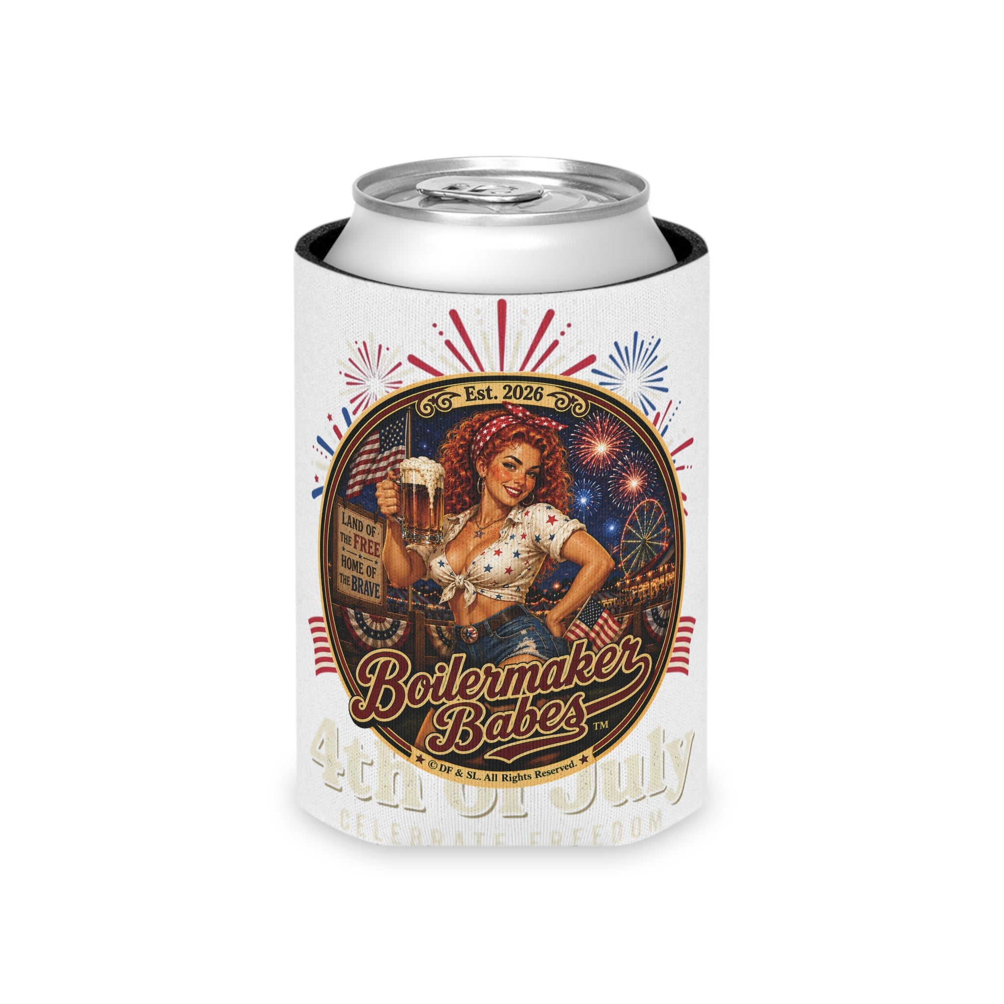 Juli 250! (F) – Can Sleeve - Boilermaker Babes ™ Vintage Style Pin-Up Art for 4th July